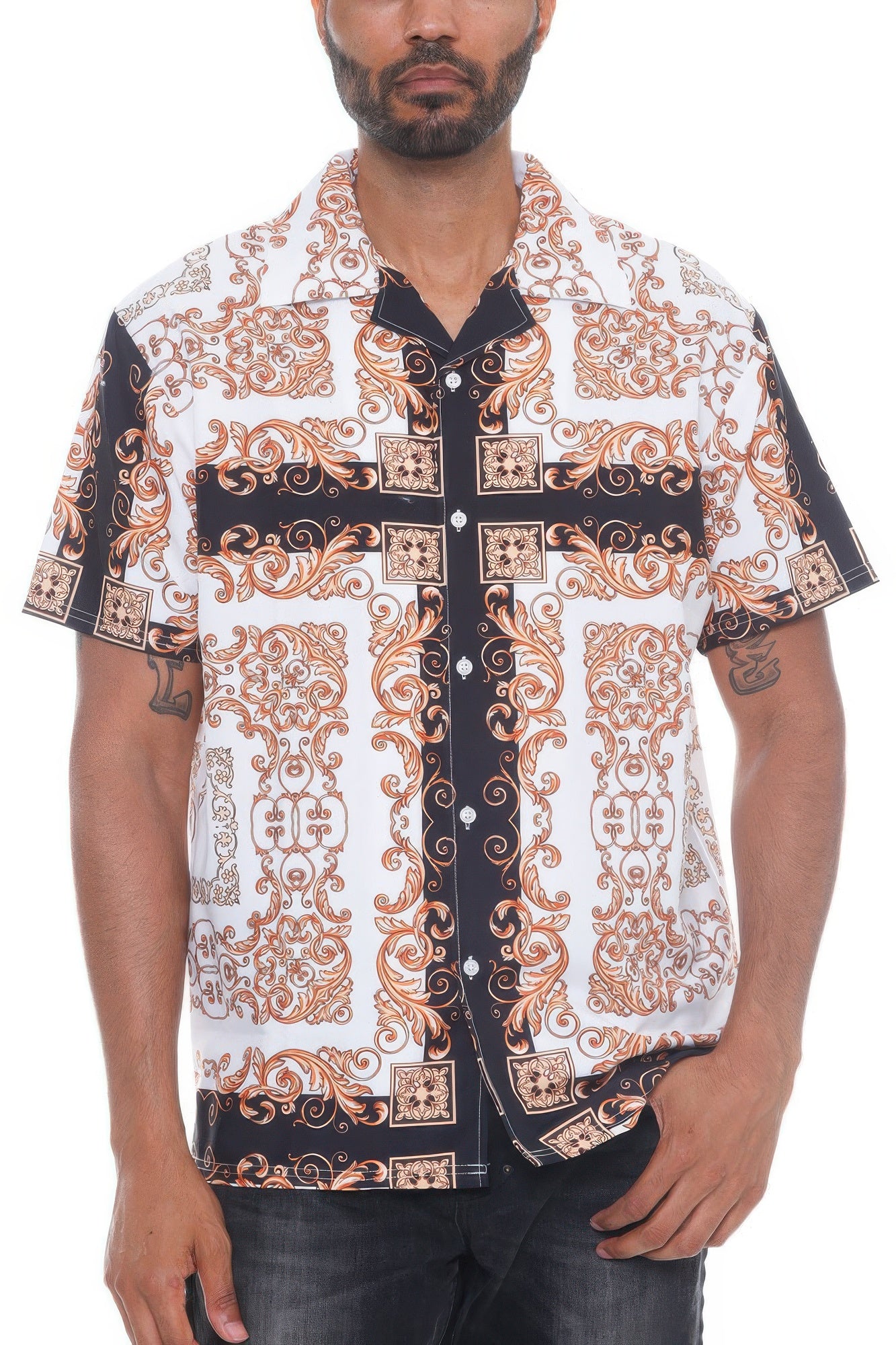 Golden Heir men's collared print button-down shirt in white with gold pattern, stylish and tailored for a polished look.