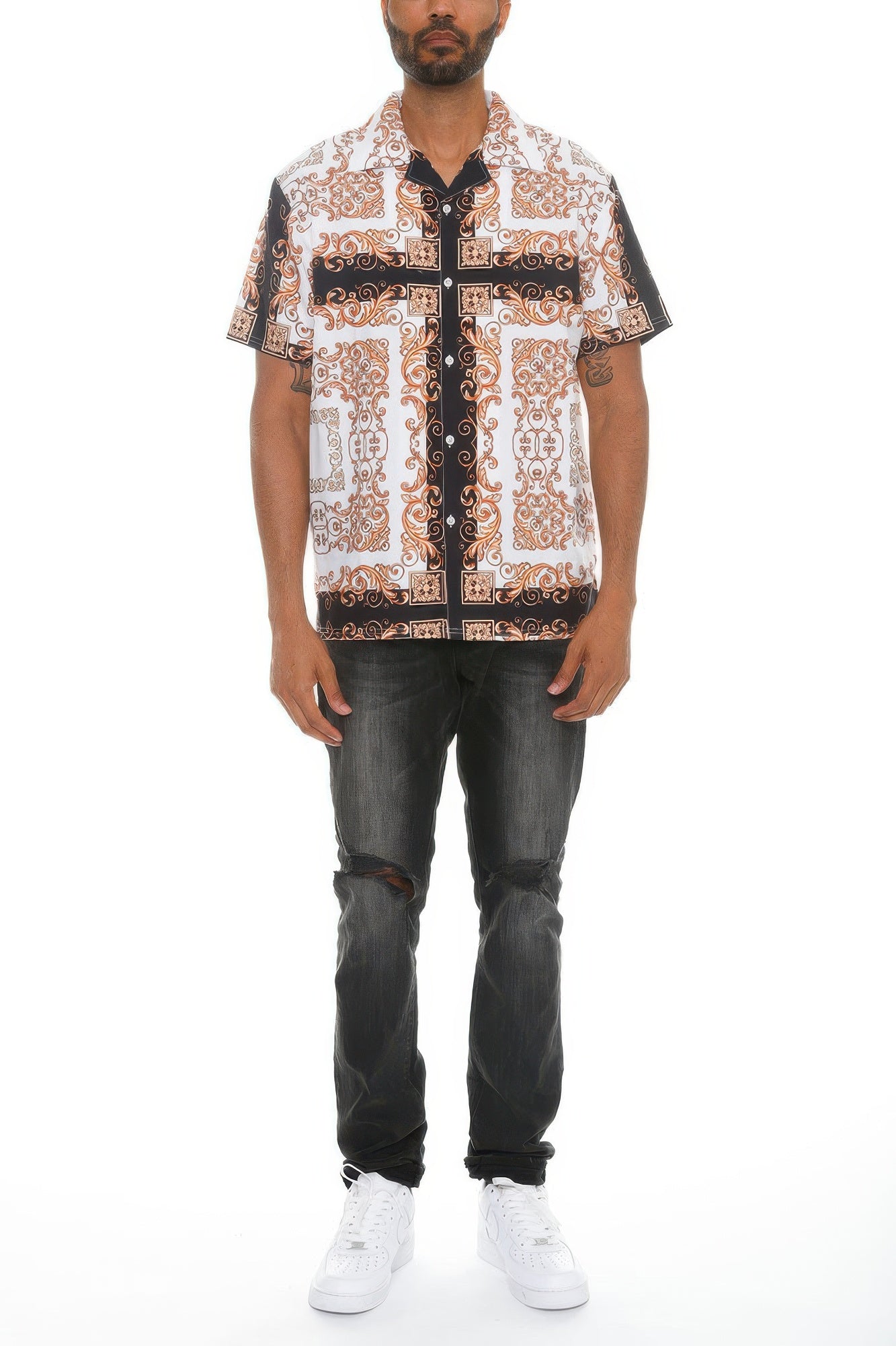 Golden Heir men's collared print button-down shirt in white with gold accents, featuring a stylish pattern and classic fit.