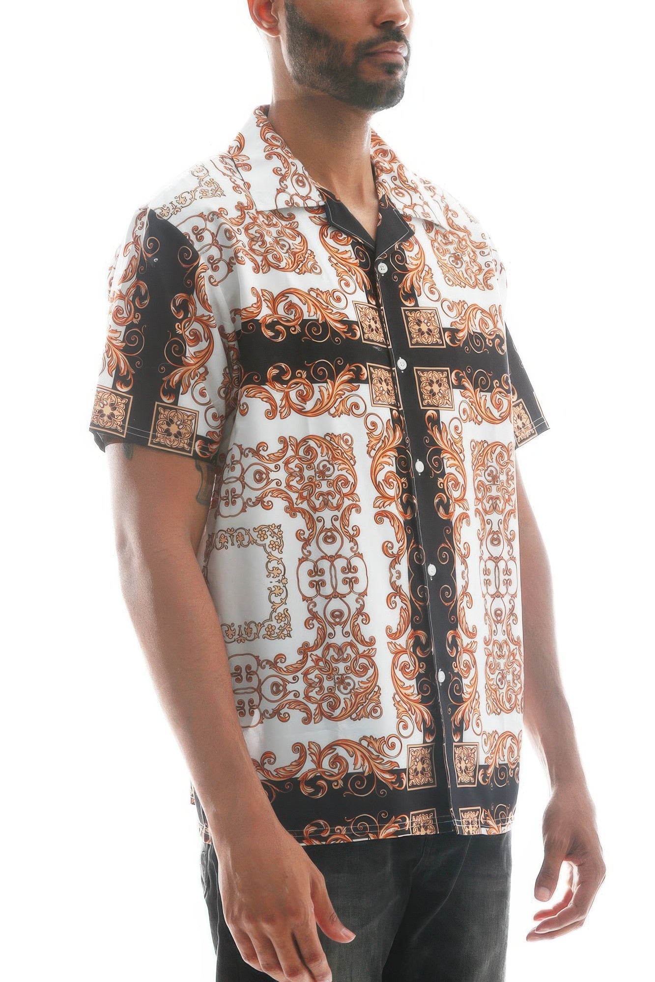 Golden Heir men's collared print button-down shirt in white with gold accents, tailored fit and stylish design.