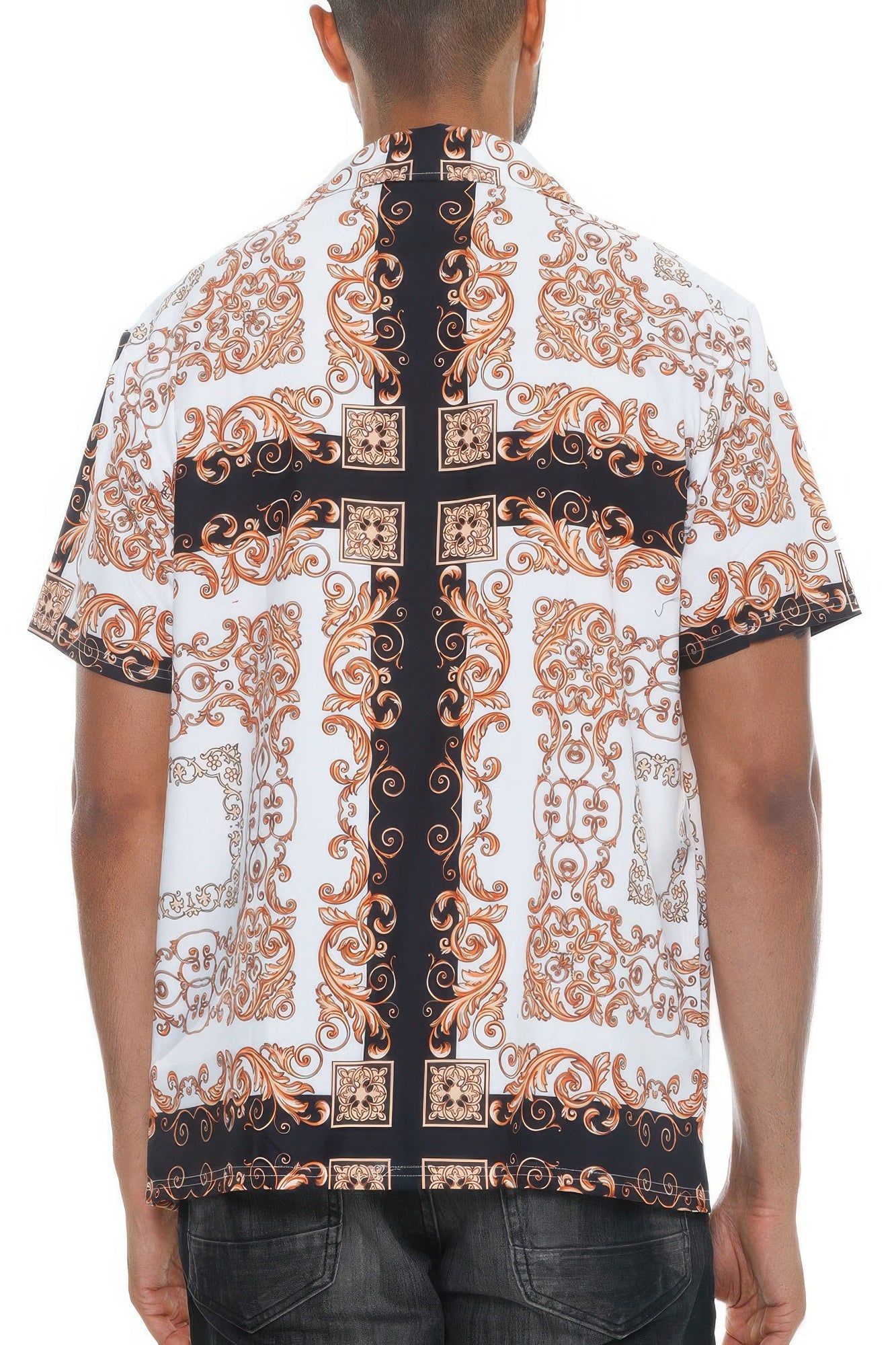 Golden Heir men's white button-down shirt with gold printed collar and pattern, featuring a classic collar and front buttons.