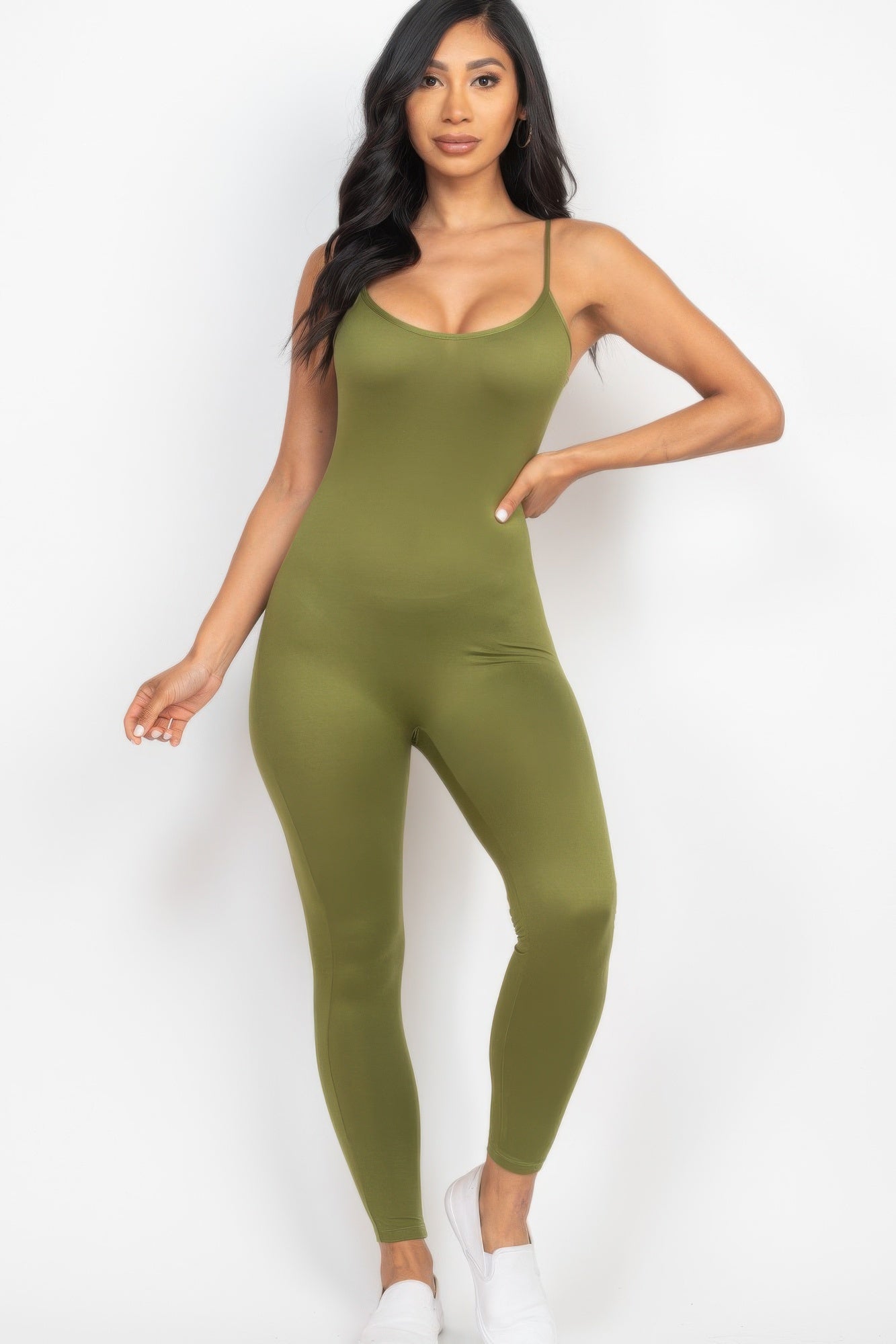 Black Golden Heir sculpted bodycon cami jumpsuit displayed on a model, showcasing its fitted silhouette and sleek design.