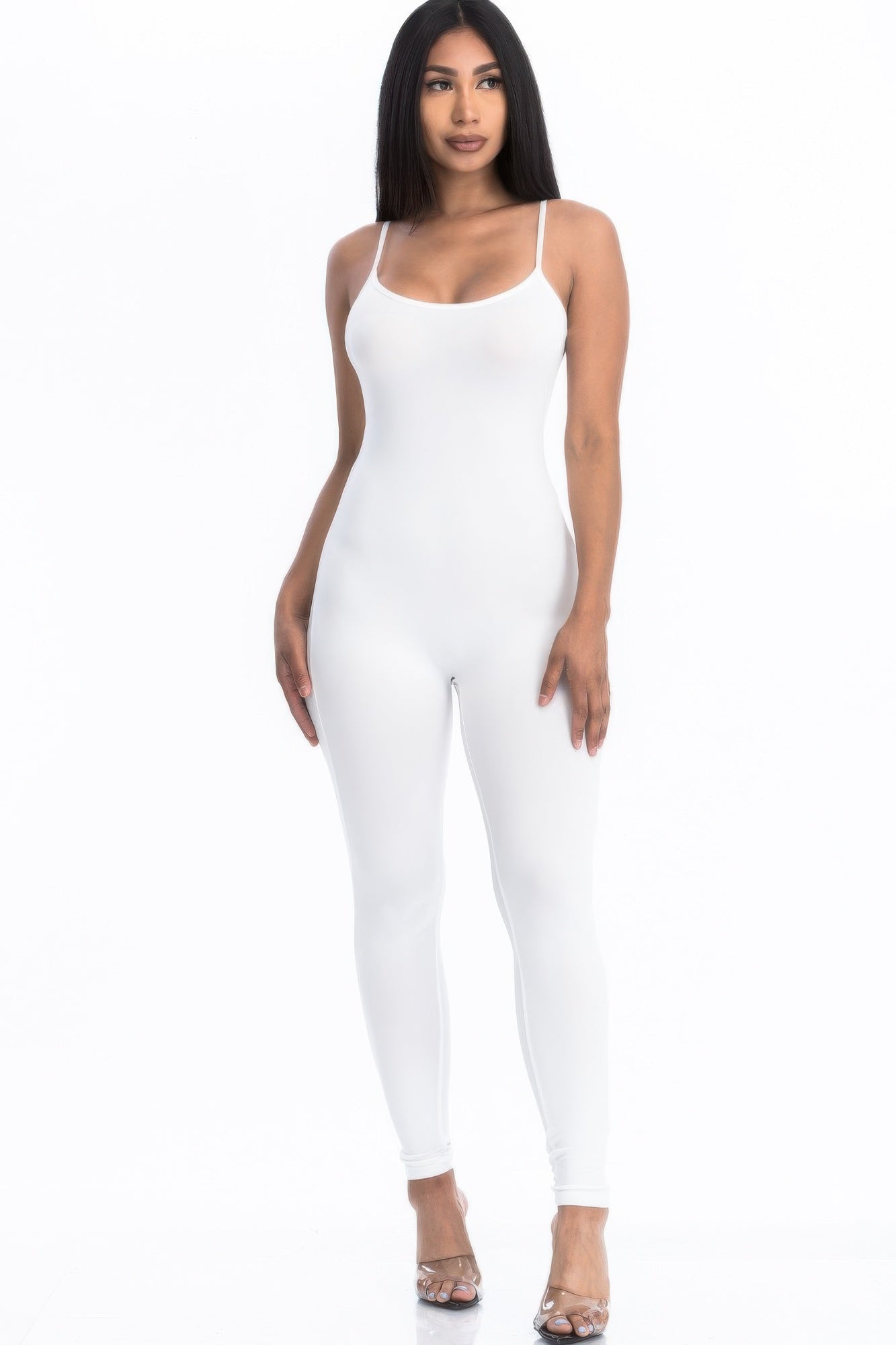 Black Golden Heir sculpted bodycon cami jumpsuit displayed on a hanger, highlighting its fitted design and sleek style.