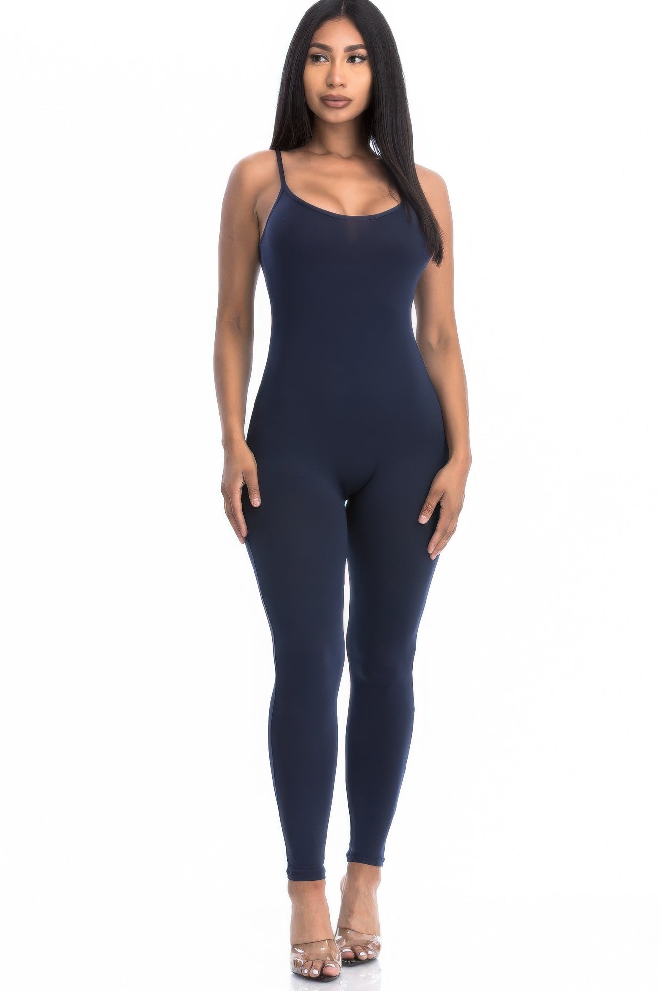 Black Golden Heir sculpted bodycon cami jumpsuit displayed on a hanger, showcasing its fitted design and sleek style.
