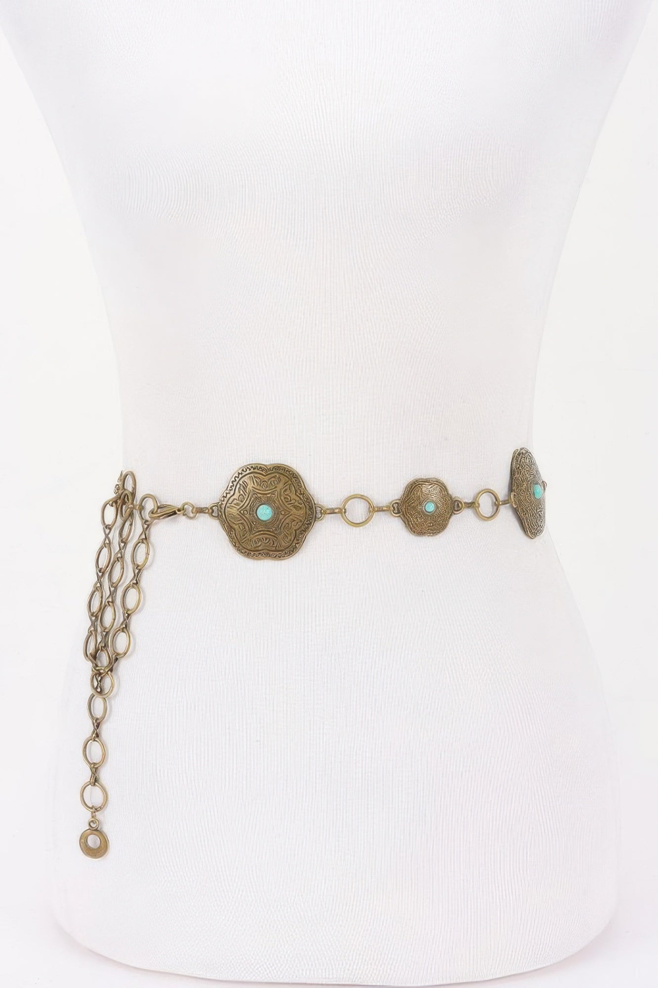 Golden Heir vintage metal chain belt in antique gold with a one-size-fits-all design, showcasing intricate chain links.