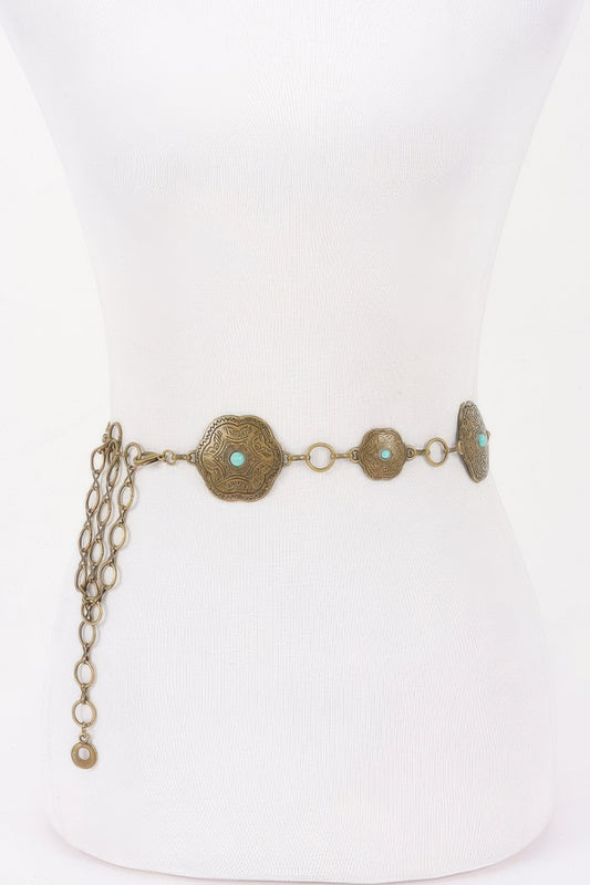 Golden Heir vintage metal chain belt in antique gold with a one-size-fits-all design, showcasing intricate chain links.