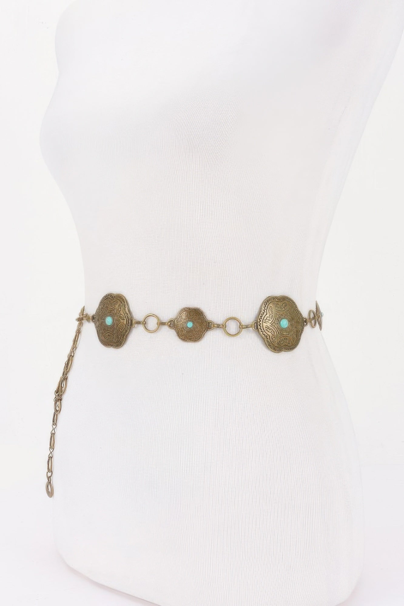 Golden Heir vintage metal chain belt in antique gold finish, one size fits all, showcasing intricate chain links.