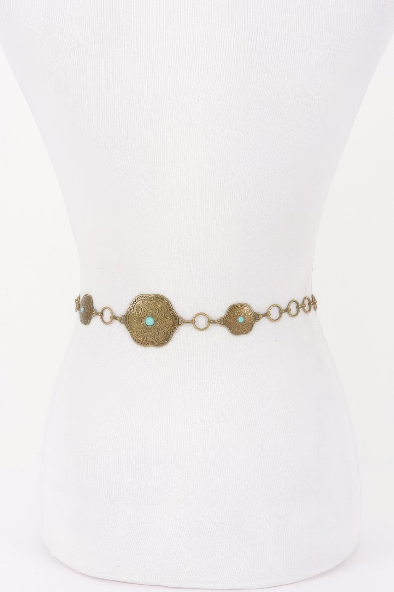 Golden Heir vintage metal chain belt in antique gold finish, one size fits all, stylish accessory for casual or formal outfits.