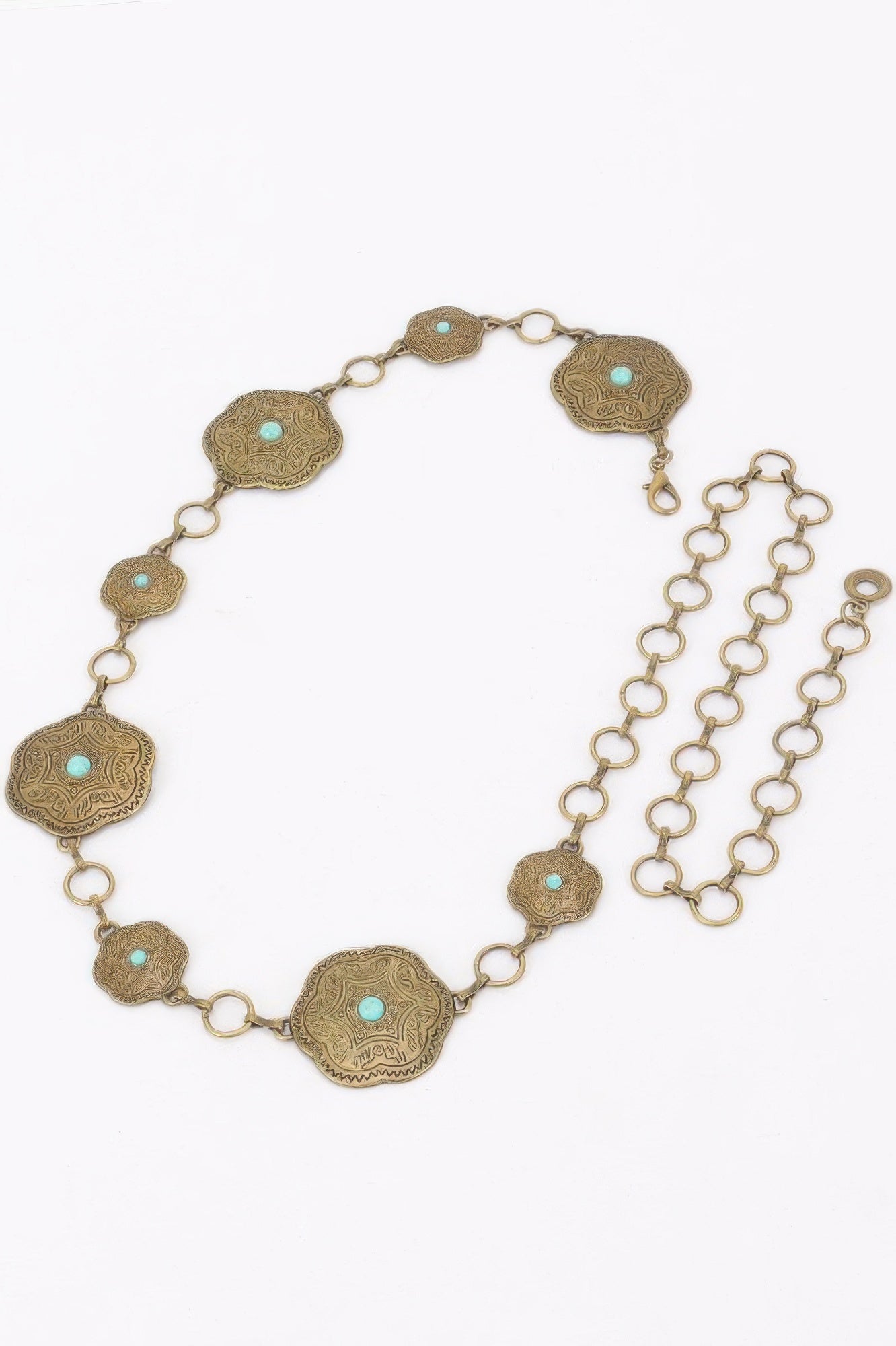 Golden Heir vintage metal chain belt in antique gold finish, one size fits all, showcasing intricate chain links.