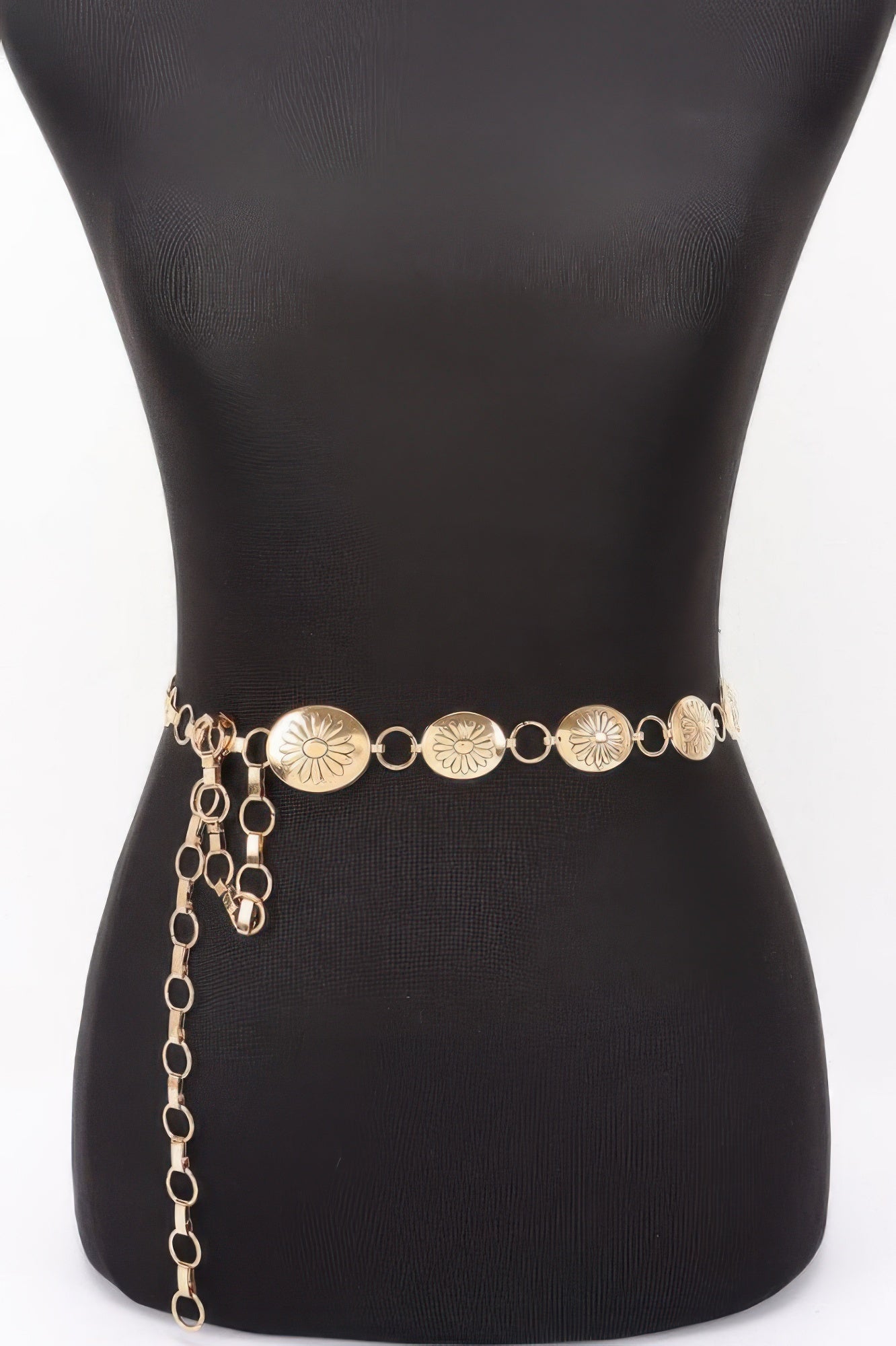 Golden Heir floral disc chain belt in gold, one size fits all, featuring intricate floral design and chain links.