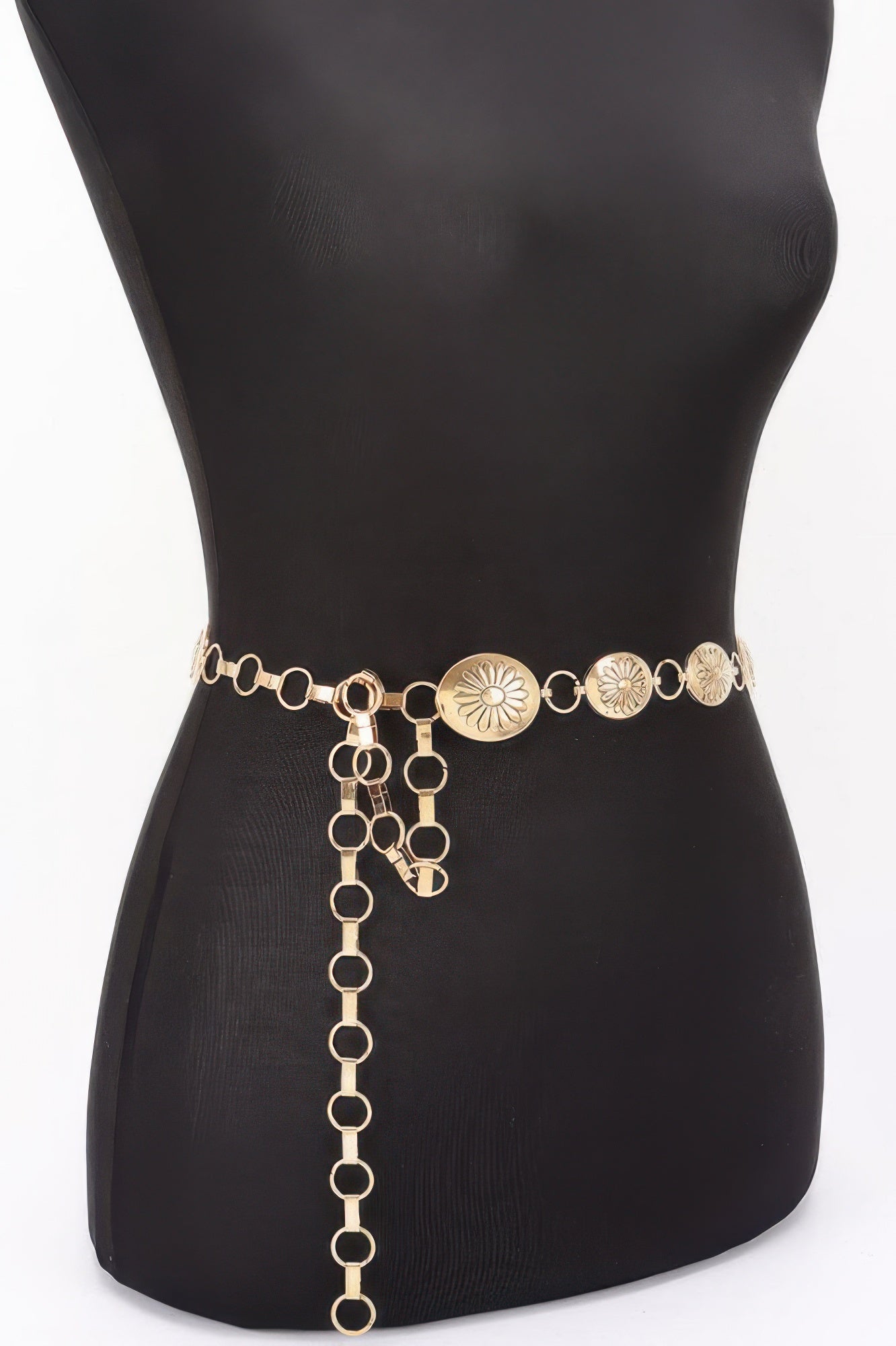 Golden Heir floral disc chain belt in gold with a stylish design, one size fits all, perfect for accessorizing outfits.