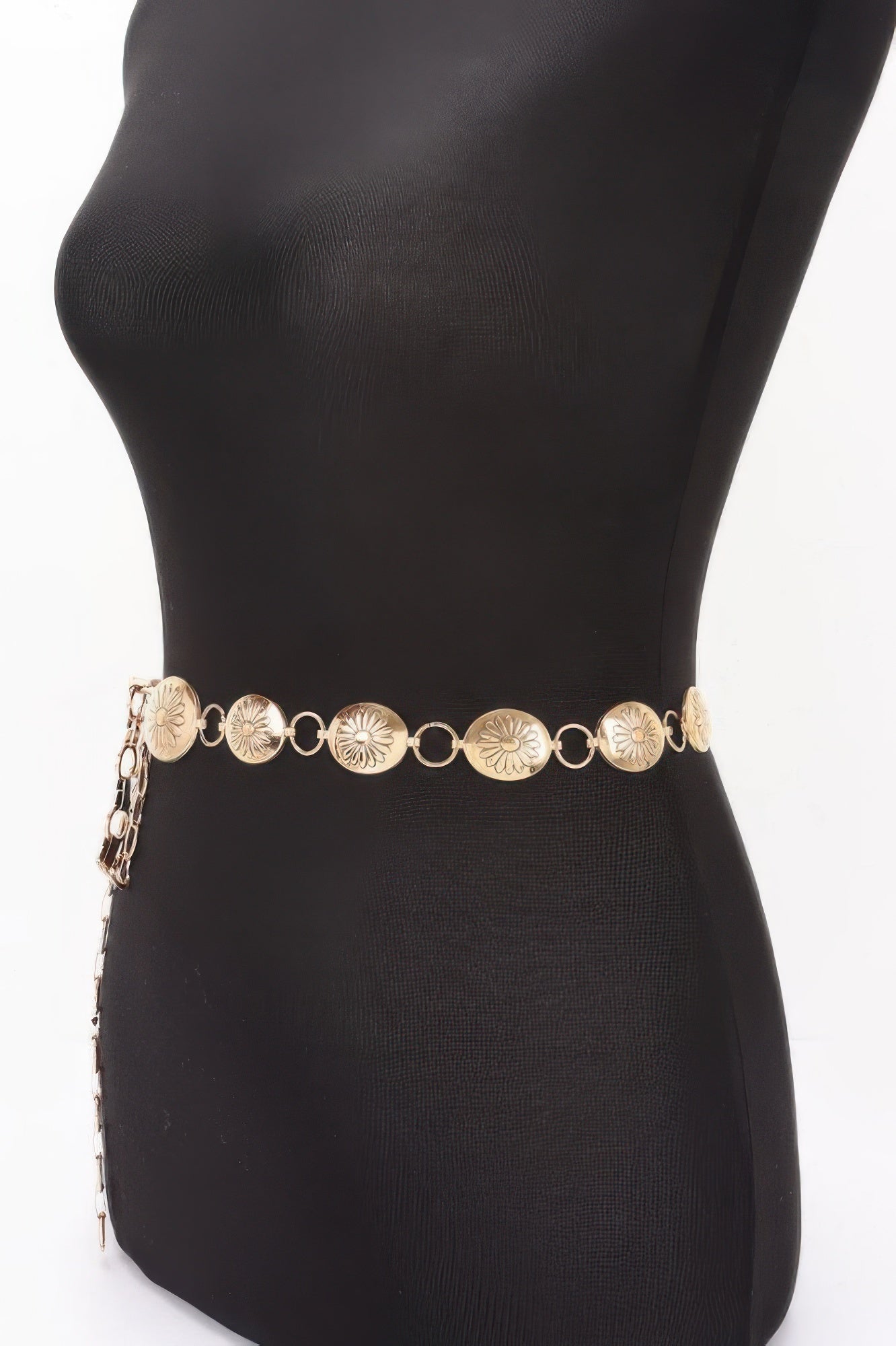 Golden Heir floral disc chain belt in gold, one size fits all, featuring intricate floral disc design for stylish accessories.