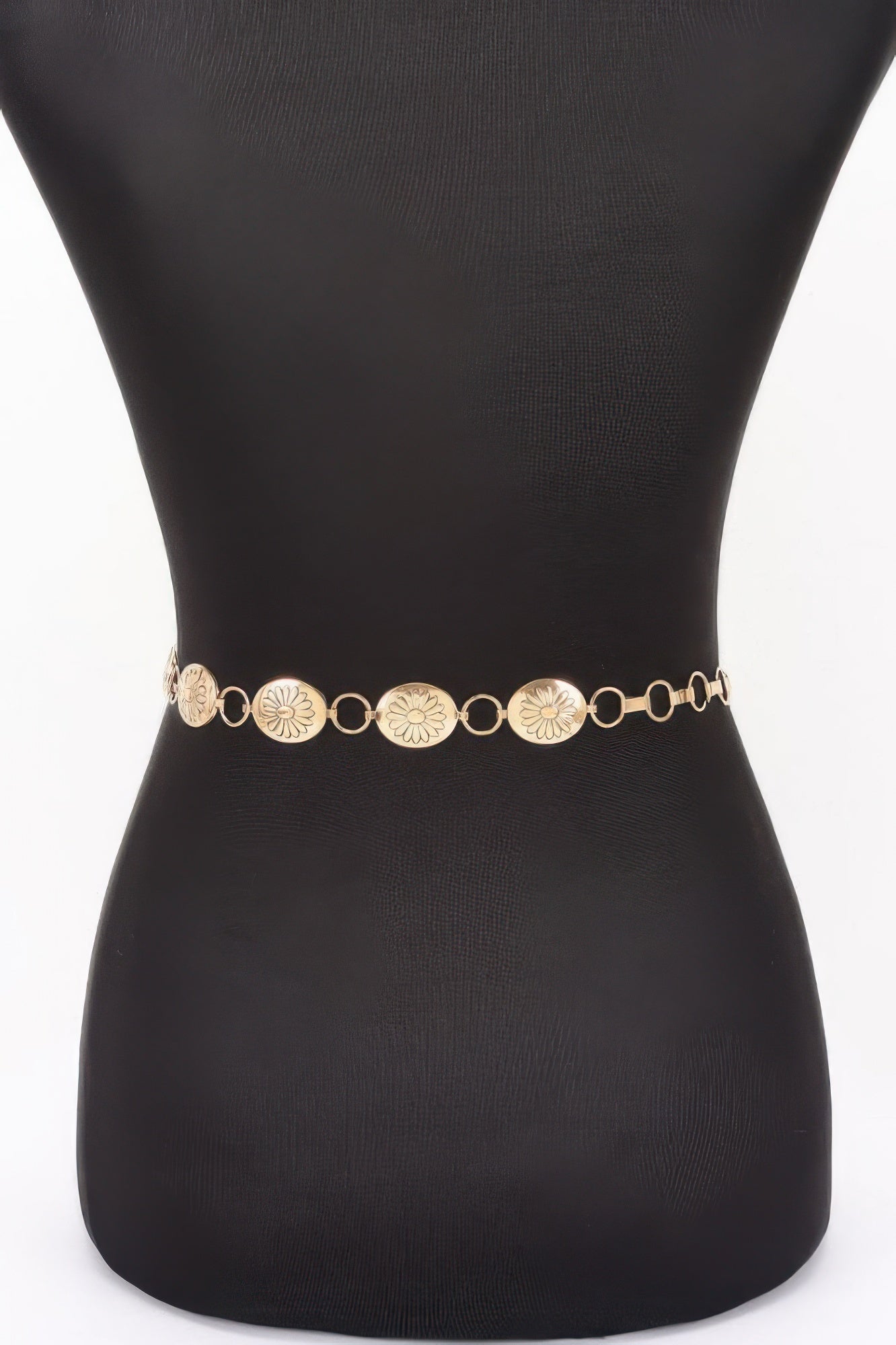 Golden Heir floral disc chain belt in gold, stylish accessory with intricate floral designs and adjustable one-size fit.