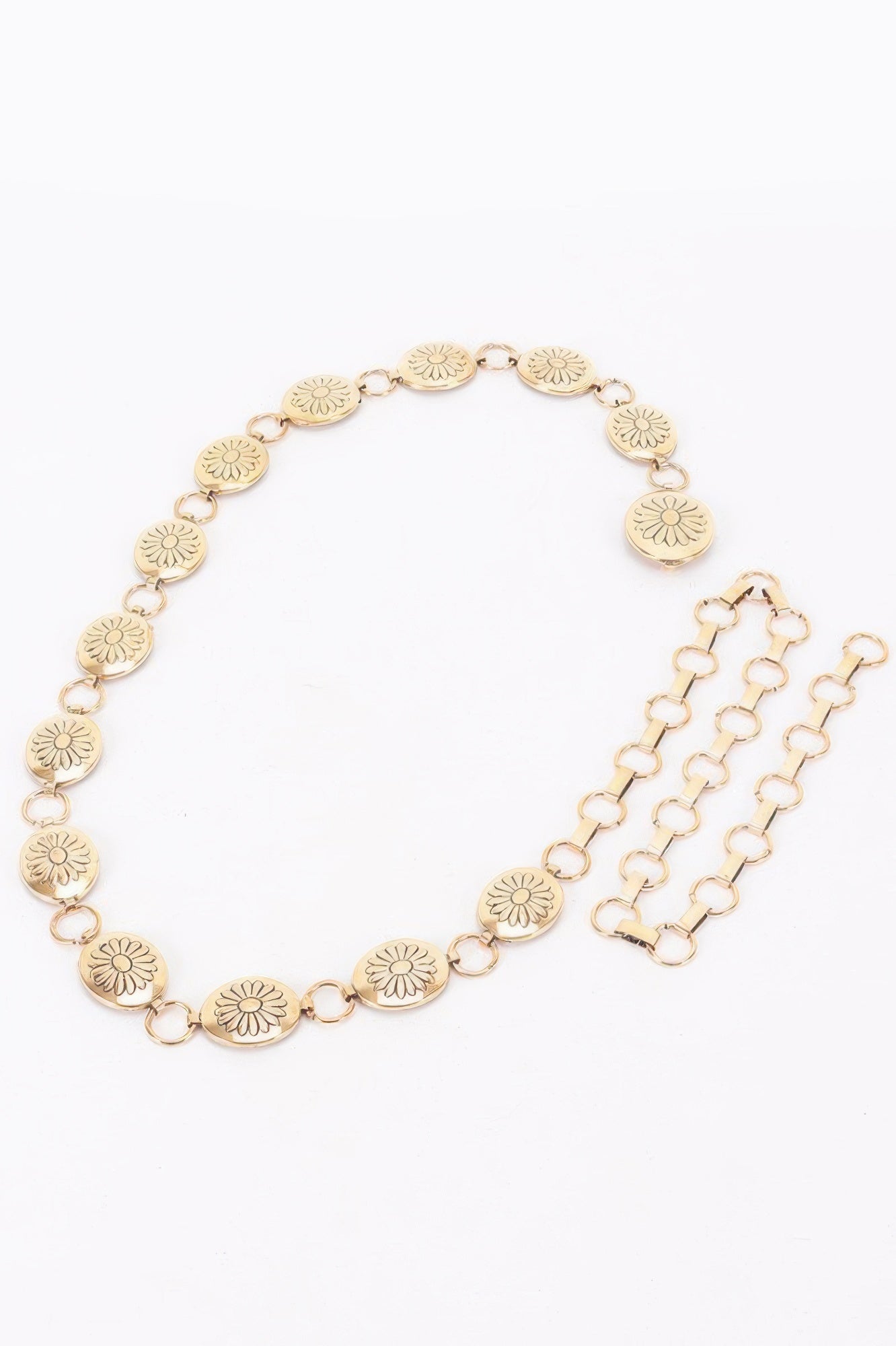 Golden Heir floral disc chain belt in gold, one size fits all, featuring intricate floral and disc design for stylish wear.