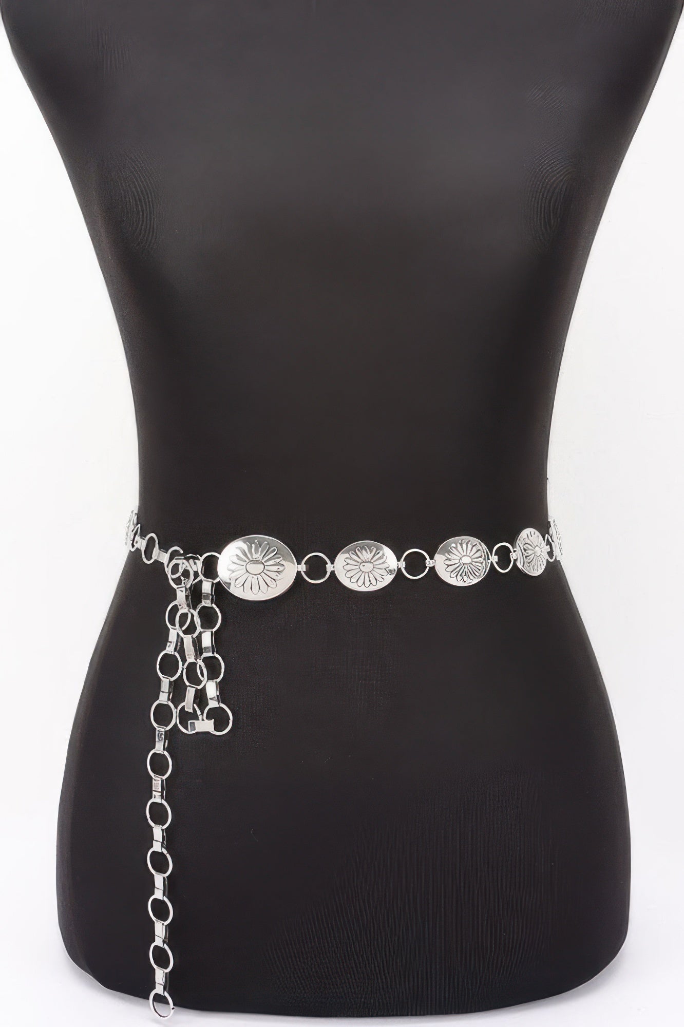 Golden Heir floral disc chain belt in gold, featuring a stylish and versatile design with floral details and a chain link pattern.