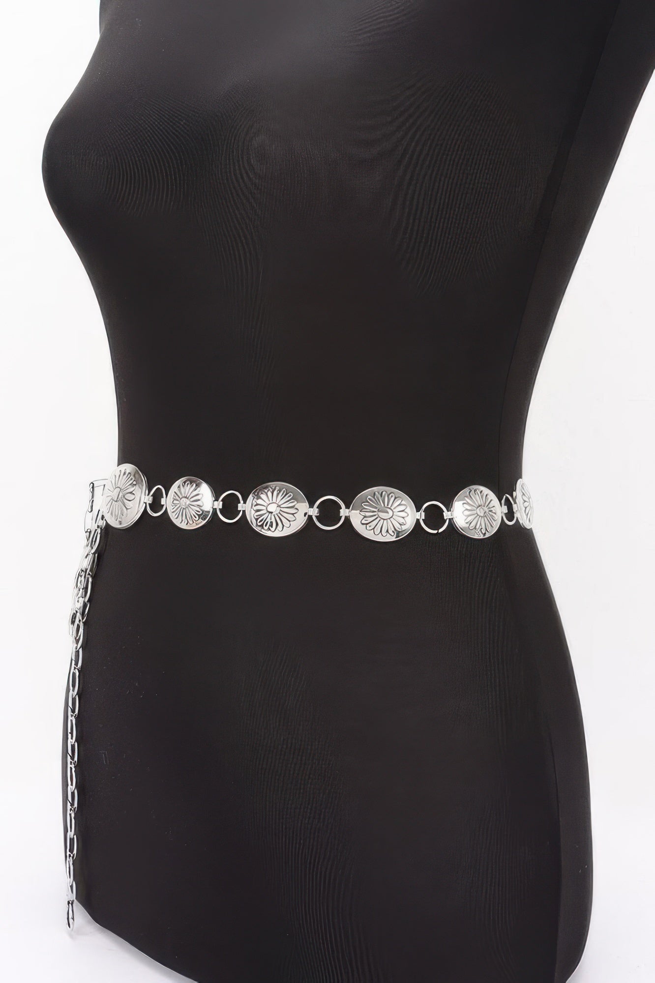Golden Heir floral disc chain belt in gold, one size fits all, featuring intricate floral designs and a stylish chain link.