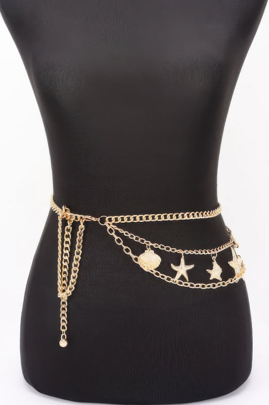 Golden Heir seashell starfish layered chain belt in gold, featuring nautical design and versatile size, ideal for beach or casual wear.