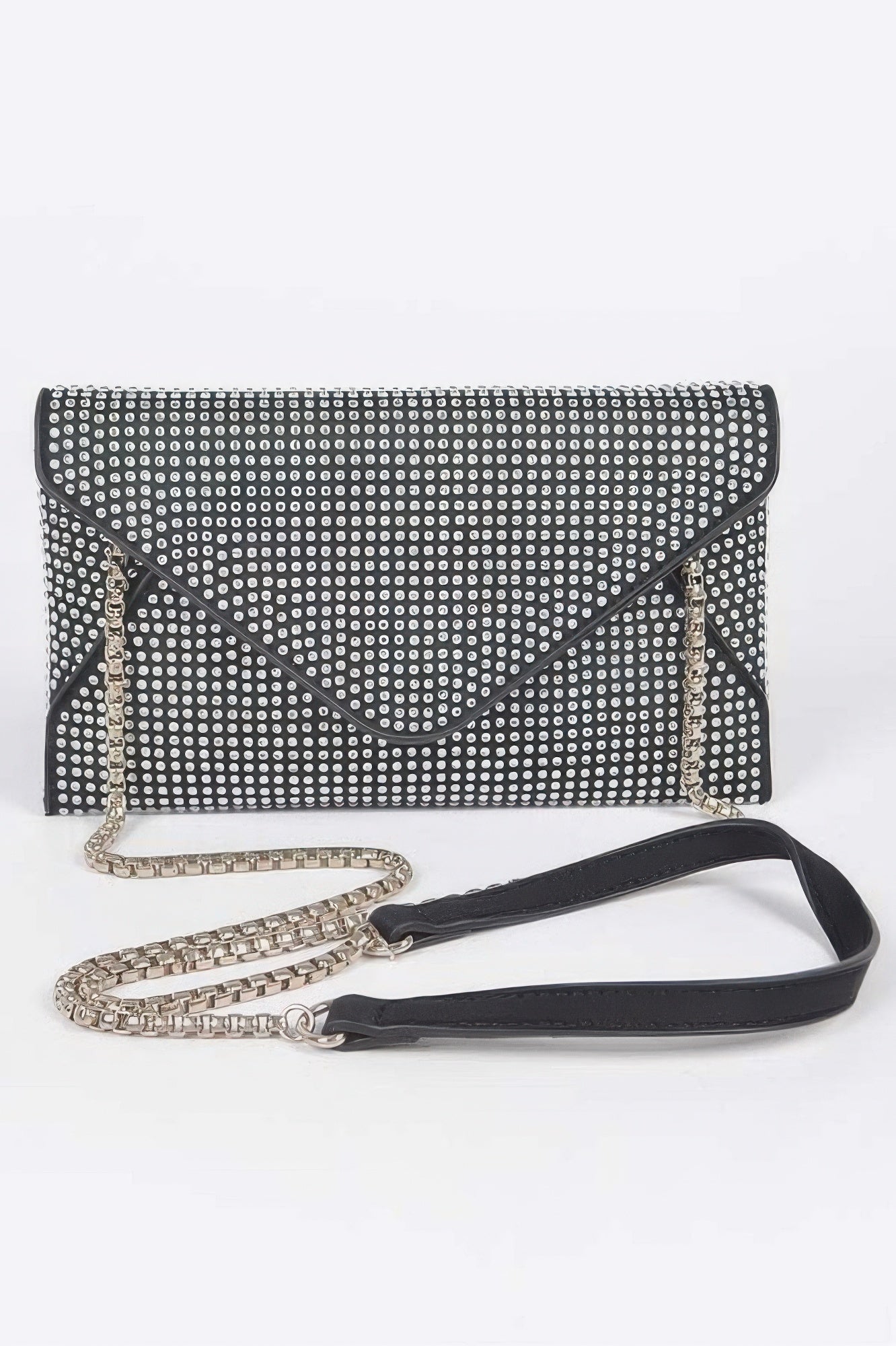 Golden Heir hot fix rhinestones envelope clutch bag in black with shimmering embellishments and sleek design.