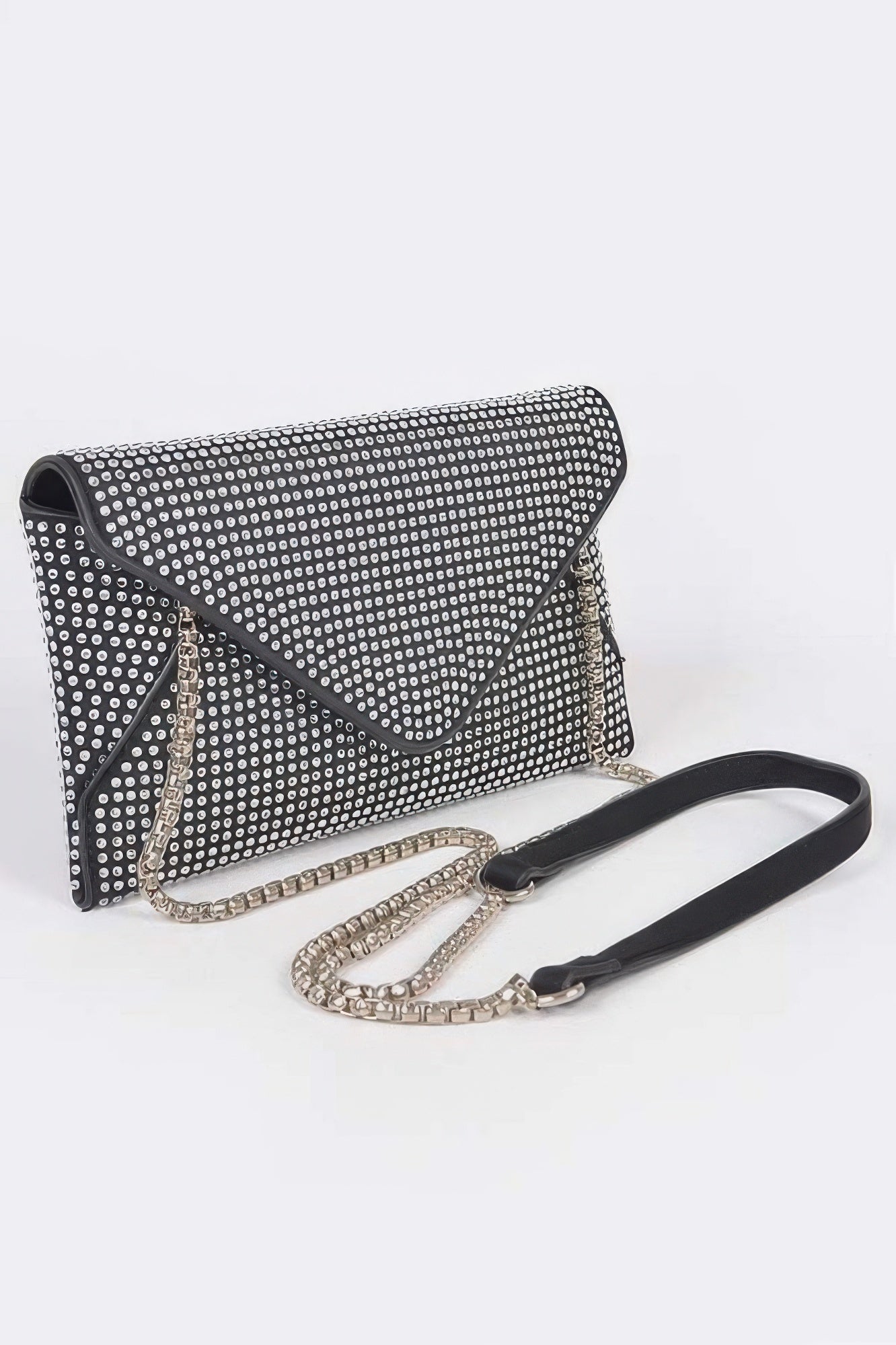 Golden Heir hot fix rhinestones envelope clutch bag in black with glittering embellishments and sleek design.