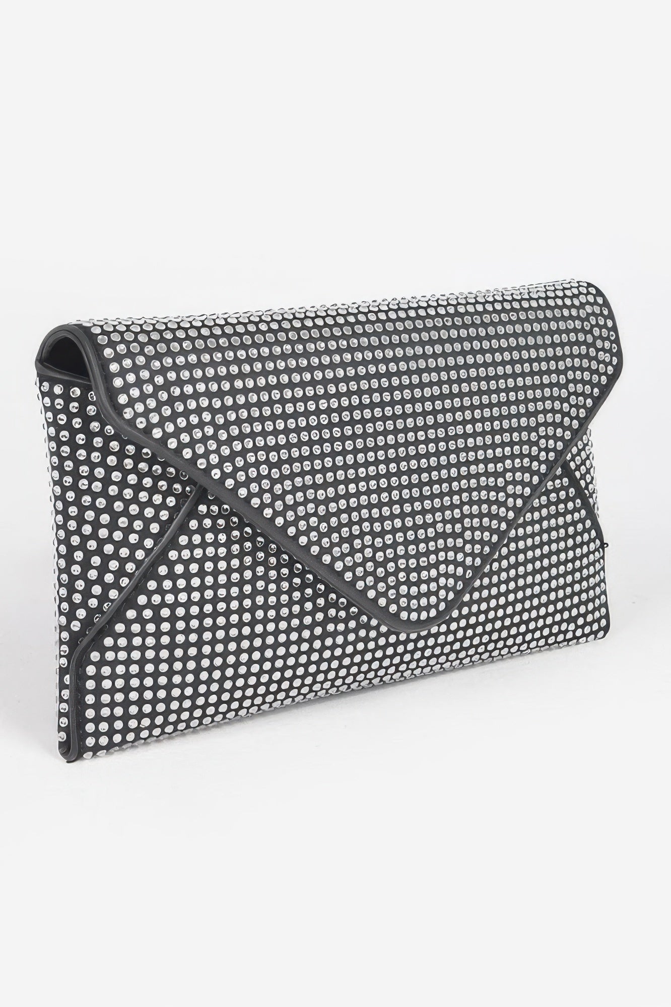 Golden Heir hot fix rhinestones envelope clutch bag in black with gold accents, showcasing elegant design and sparkling details.