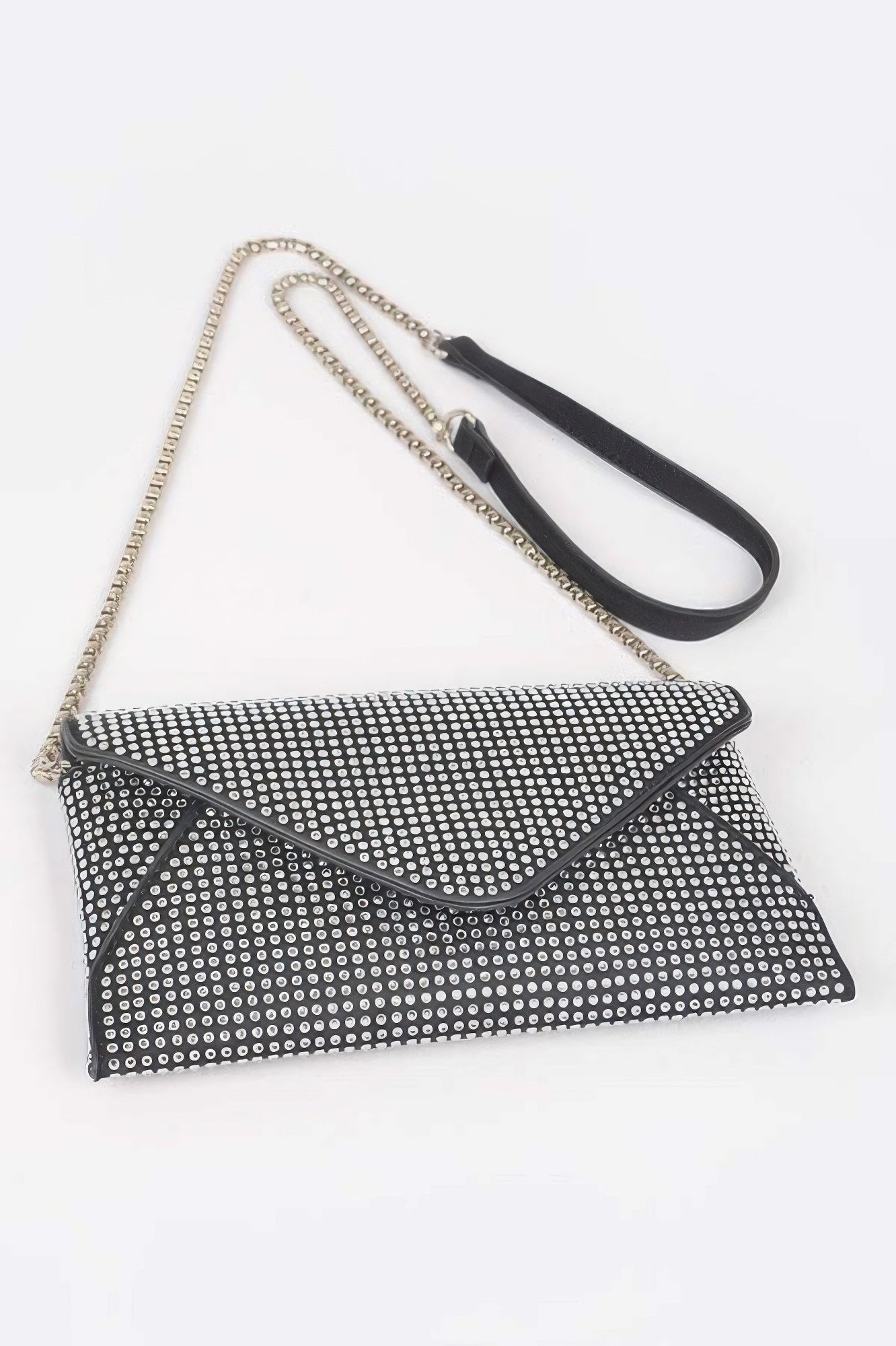 Golden Heir hot fix rhinestones envelope clutch bag in black with shimmering gold accents, stylish evening accessory.