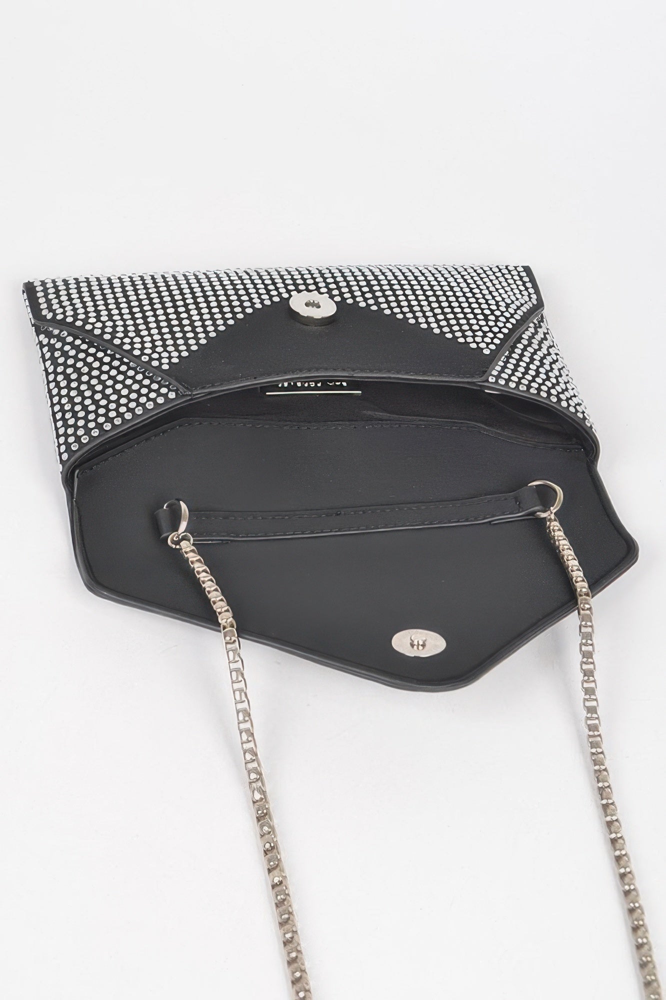 Golden Heir hot fix rhinestones envelope clutch bag with black finish, featuring sparkling embellishments and elegant design.