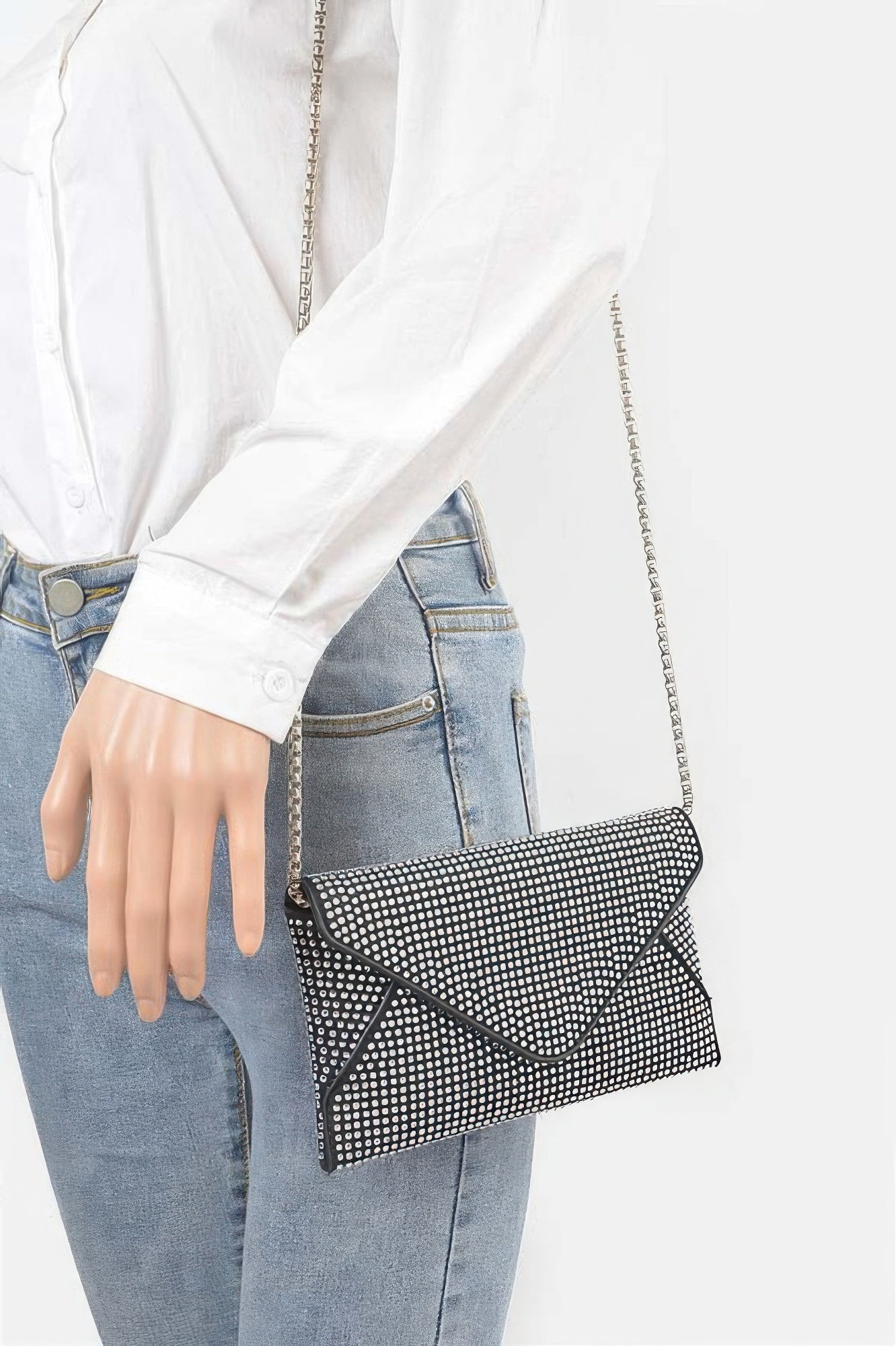 Golden Heir hot fix rhinestones envelope clutch bag with black accents, showcasing a sparkling, elegant design for special occasions.