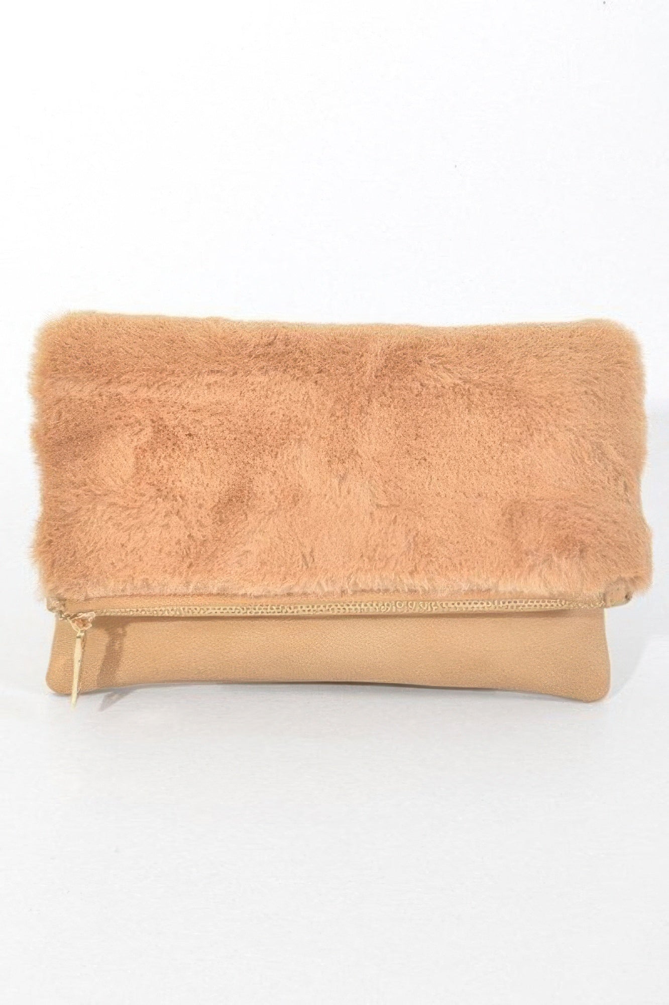 Golden Heir Fuffy foldable hand clutch bag in camel color with a soft, textured surface and compact design for stylish carrying.