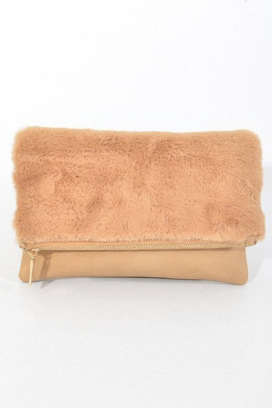 Golden Heir Fuffy foldable hand clutch bag in camel color with a soft, textured surface and compact design for stylish carrying.