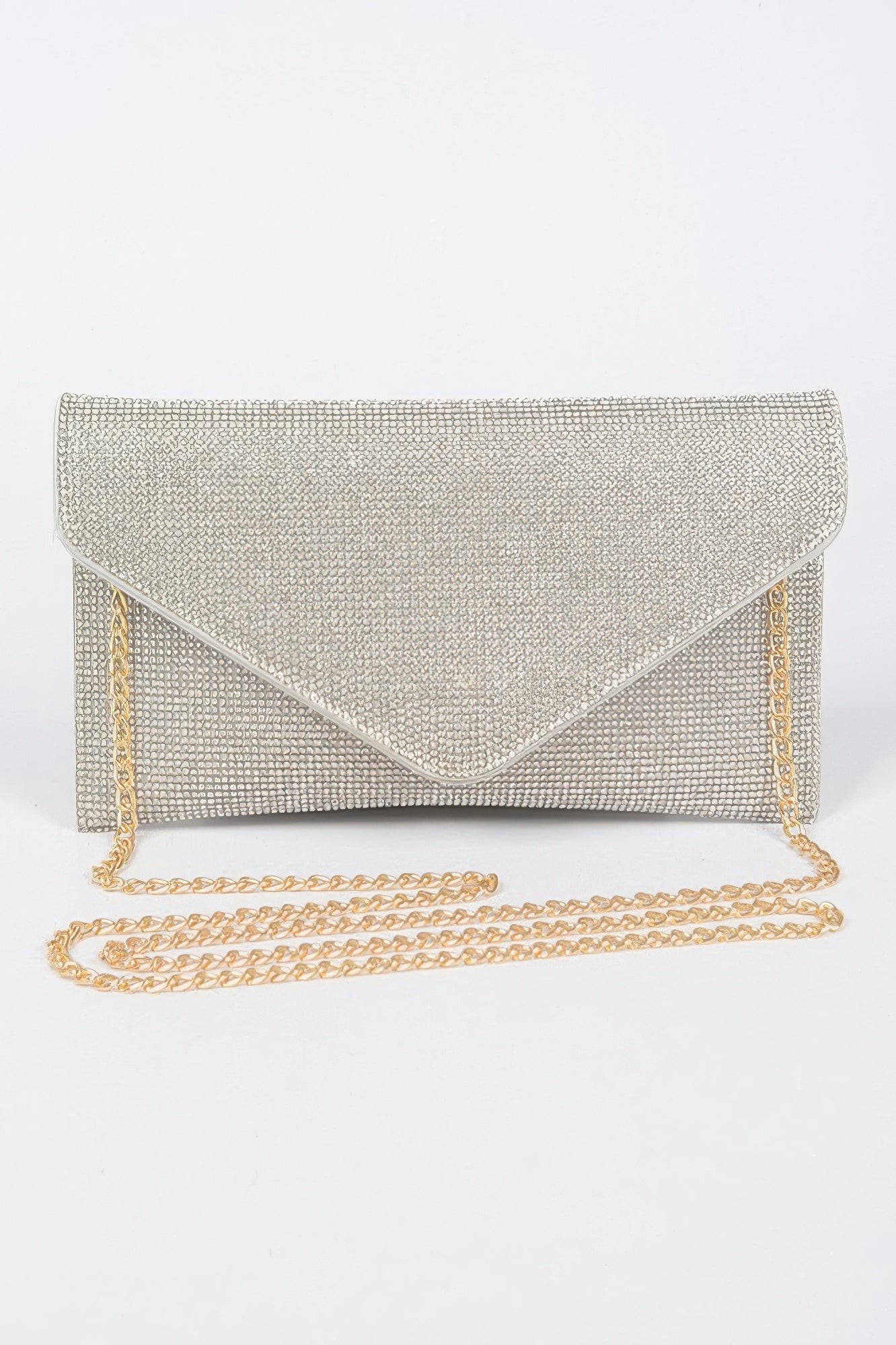 Golden Heir full rhinestone envelope chain clutch bag with clear design, elegant and sparkling for special occasions.