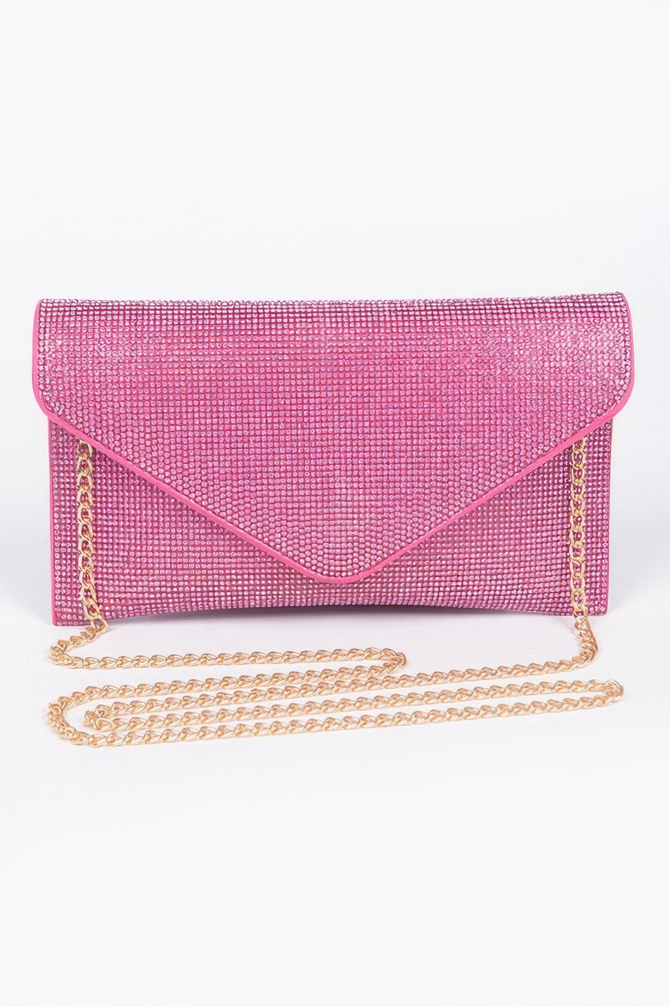 Golden Heir rhinestone envelope clutch bag with a chain, featuring sparkling full rhinestone embellishments and a sleek, elegant design.