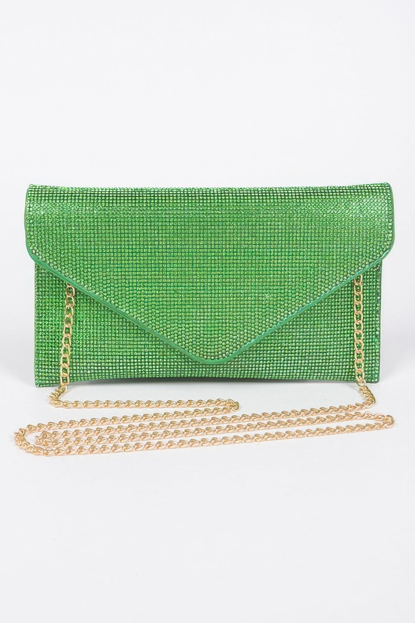 Golden Heir rhinestone envelope clutch bag with chain, clear and golden embellishments, elegant evening accessory.