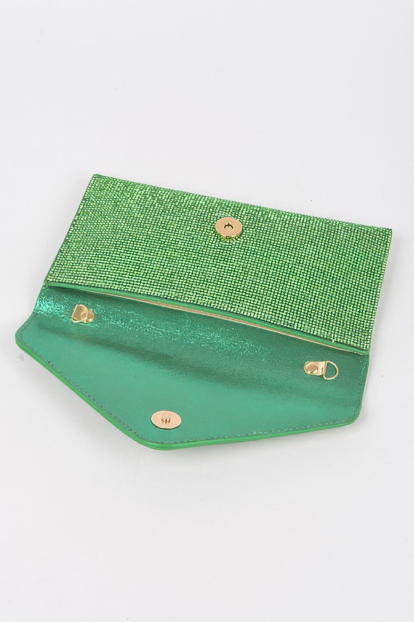 Golden Heir full rhinestone envelope clutch bag with chain, featuring a clear design and elegant gold accents.