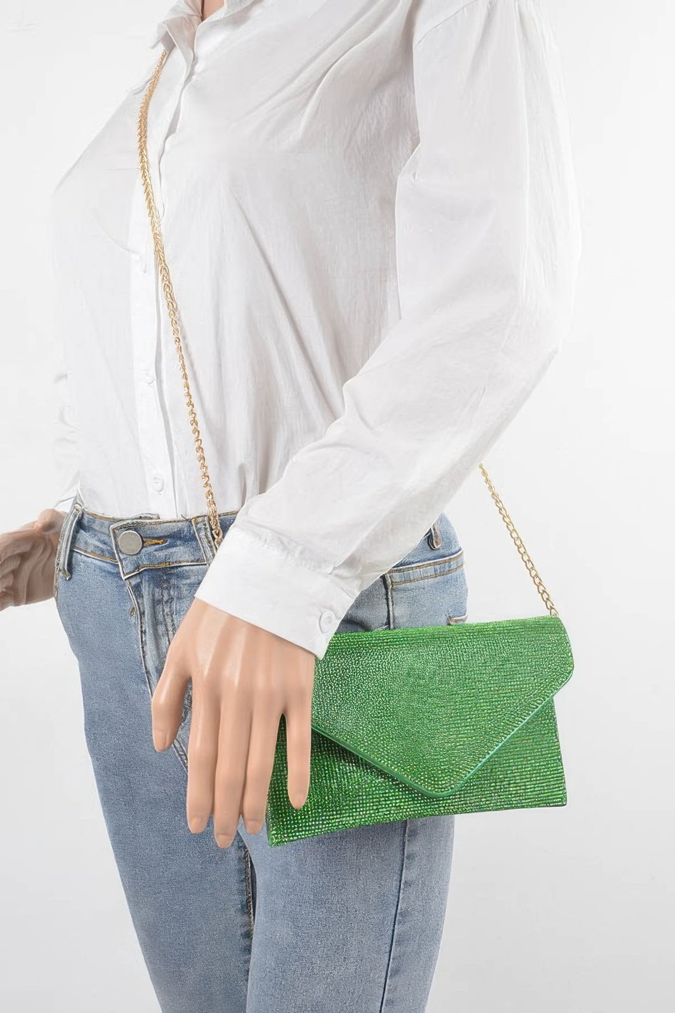 Golden Heir rhinestone envelope clutch bag with gold chain, featuring full rhinestone embellishments and a clear flap.