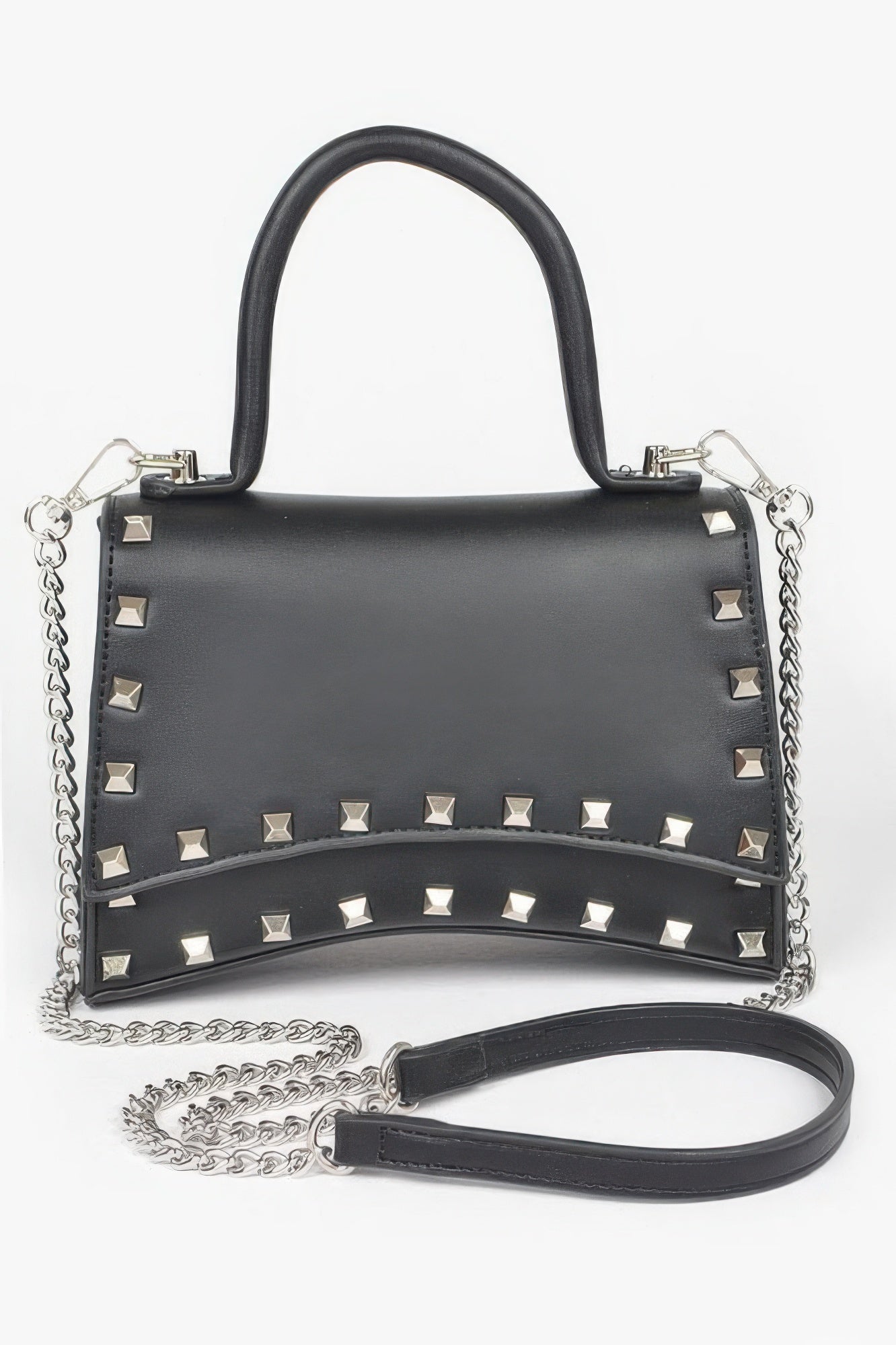 Golden Heir metallic faux leather clutch bag with studded top handle, elegant gold finish and stylish design.