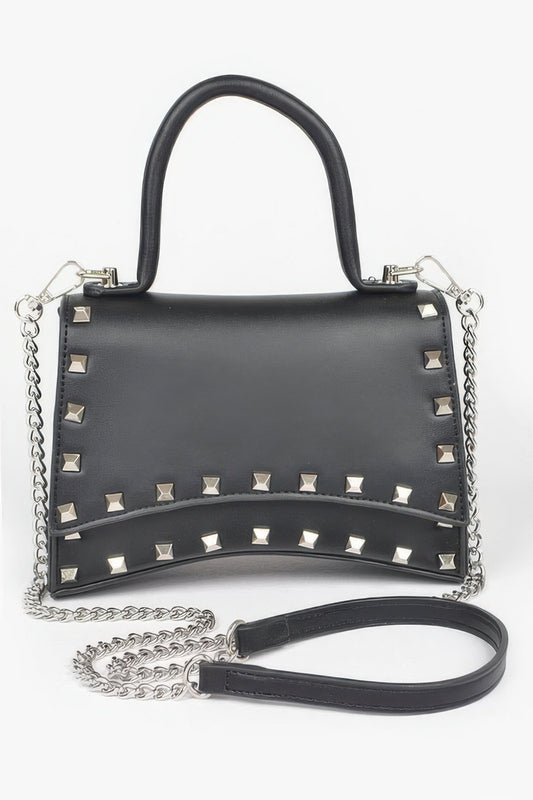 Golden Heir metallic faux leather clutch bag with studded top handle, elegant gold finish and stylish design.