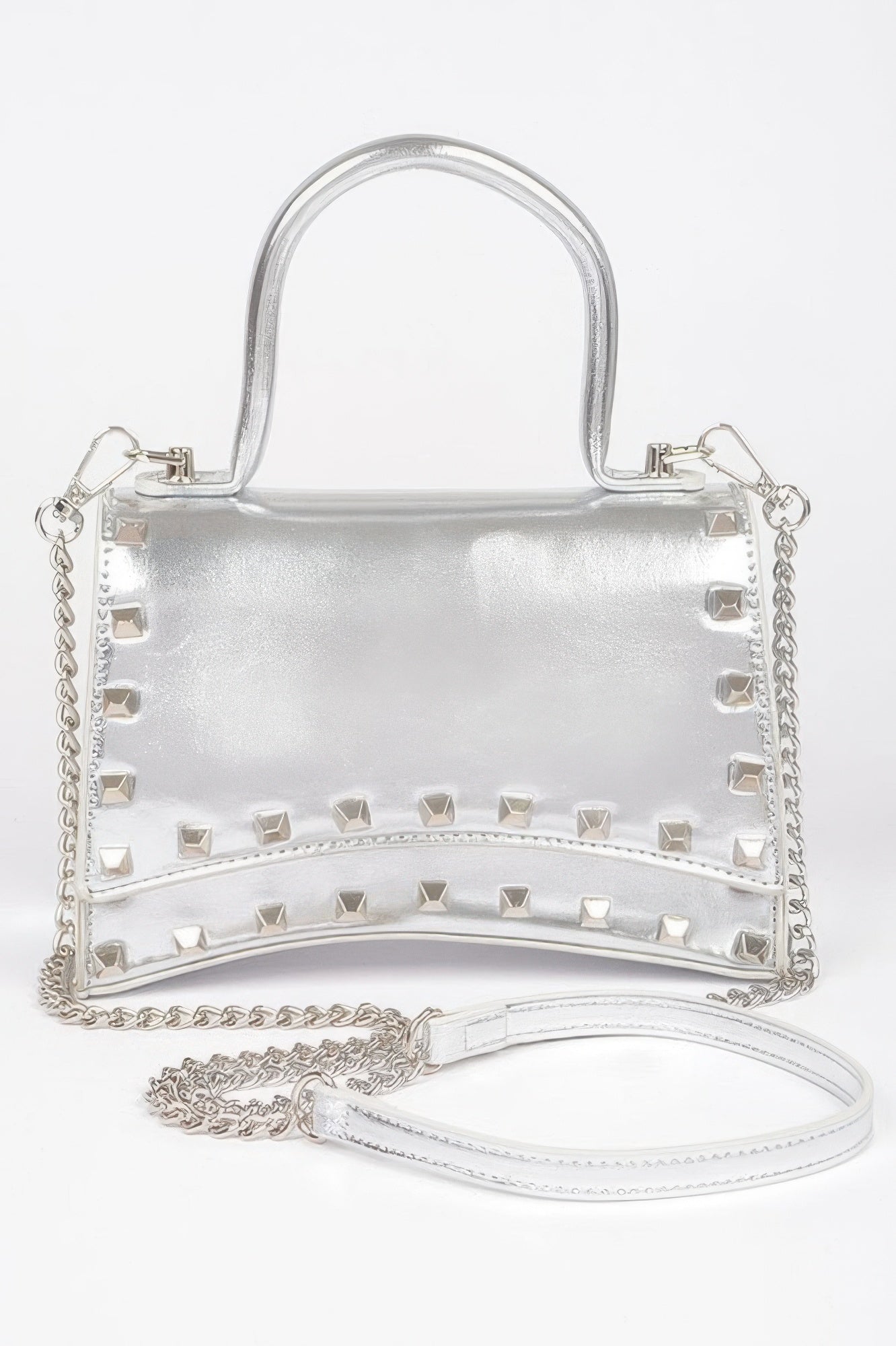 Golden Heir metallic faux leather clutch bag with studded top handle, gold finish, and compact design for elegant occasions.
