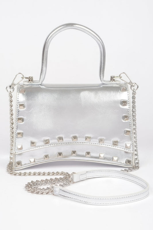 Golden Heir metallic faux leather clutch bag with studded top handle, gold finish, and compact design for elegant occasions.