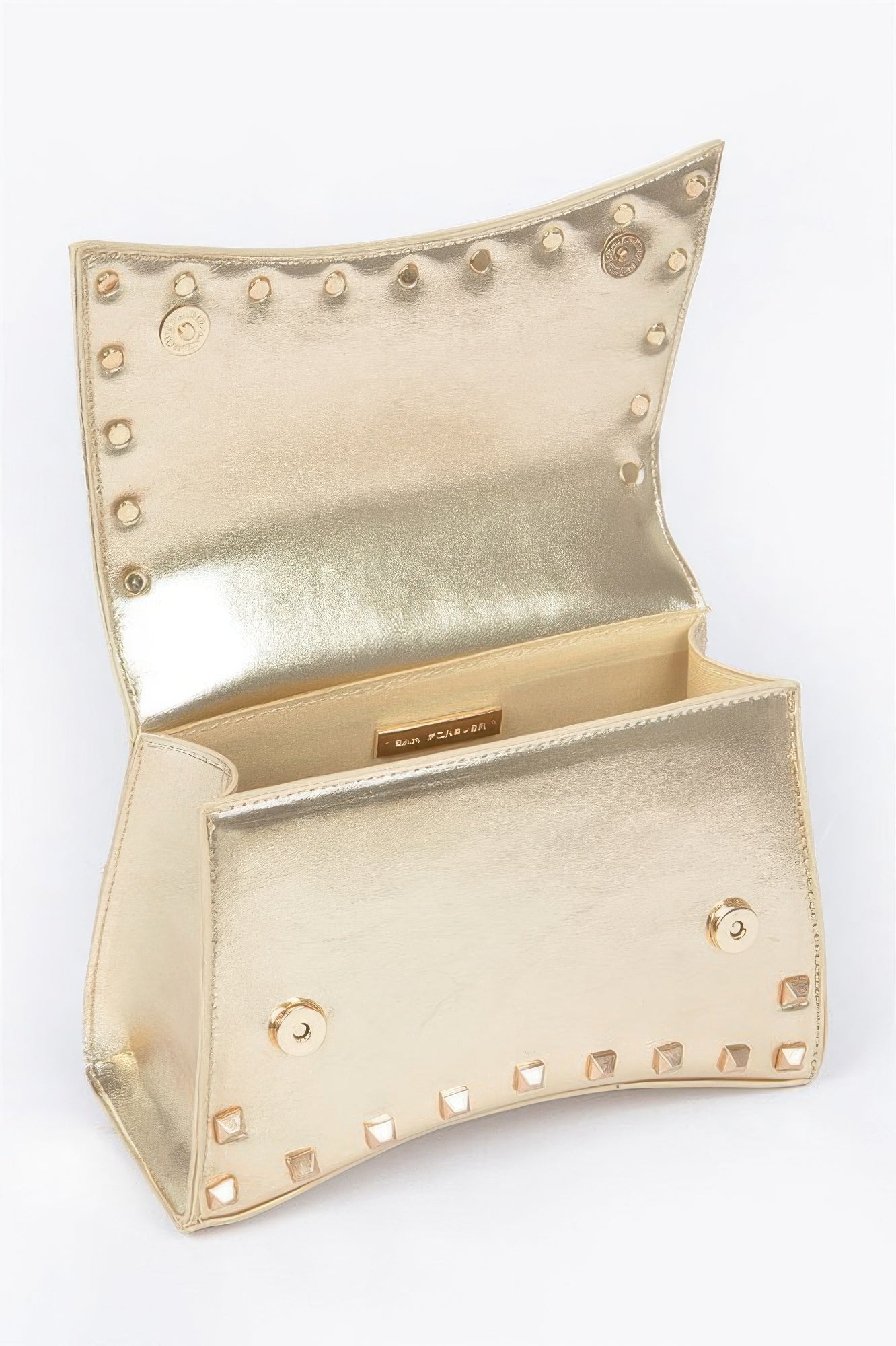 Golden Heir metallic faux leather clutch bag with studded top handle, stylish and compact for evening or special occasions.