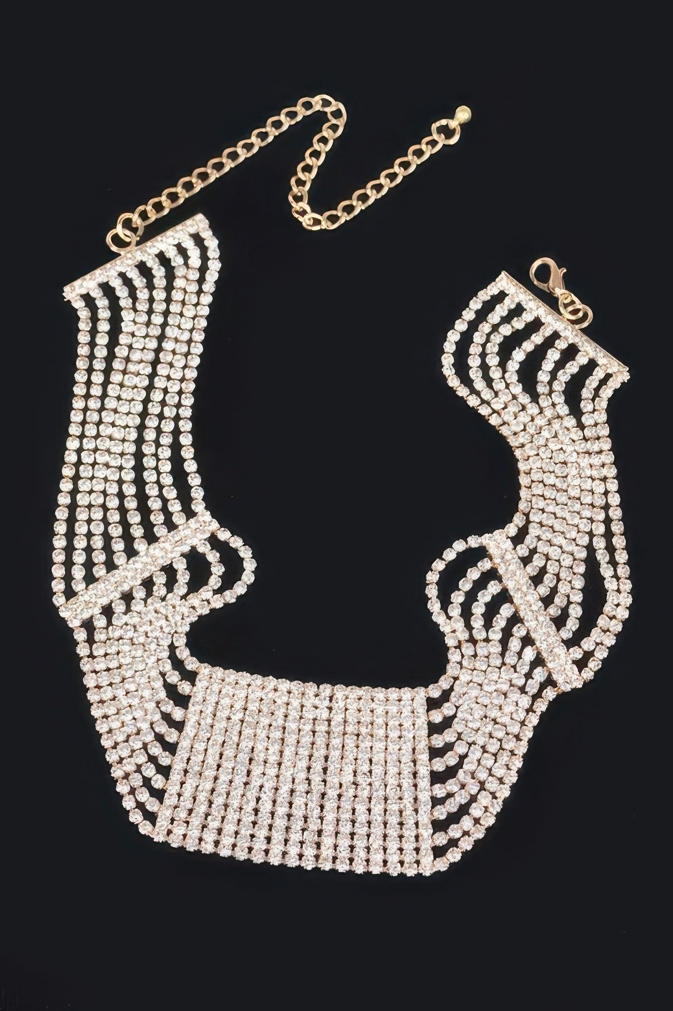 Golden Heir Elysian Gaze rhinestone collar necklace with shimmering gold and clear stones, stylish and elegant jewelry accessory.