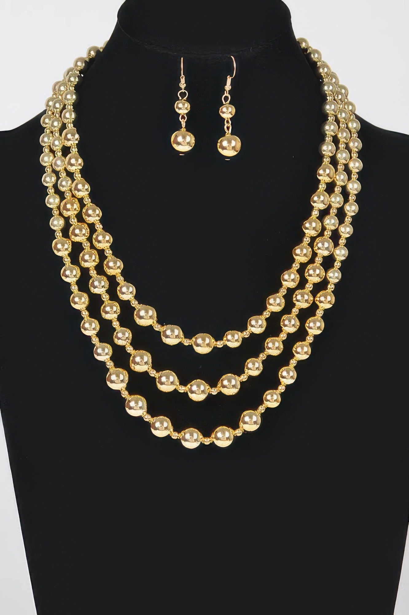 Golden Heir Orion spherical vanguard necklace set with 17-inch polished ball necklaces, coordinated architectural jewelry duo.