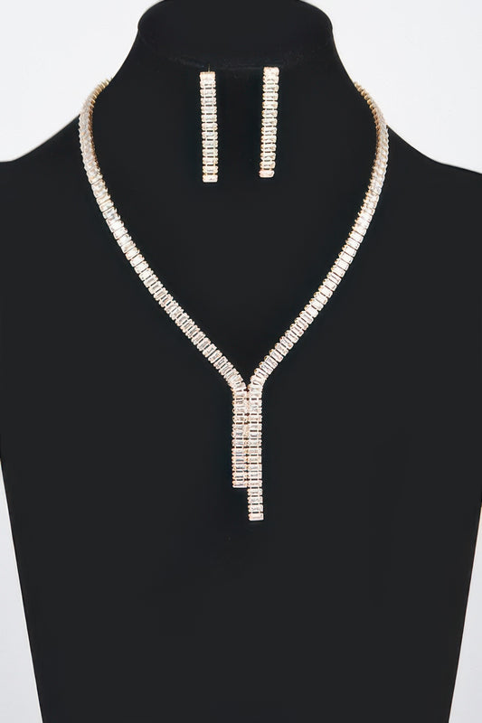Golden Heir Lumière Duo rhinestone necklace and earrings set in imperial gold and clear stones, elegant coordinated jewelry.