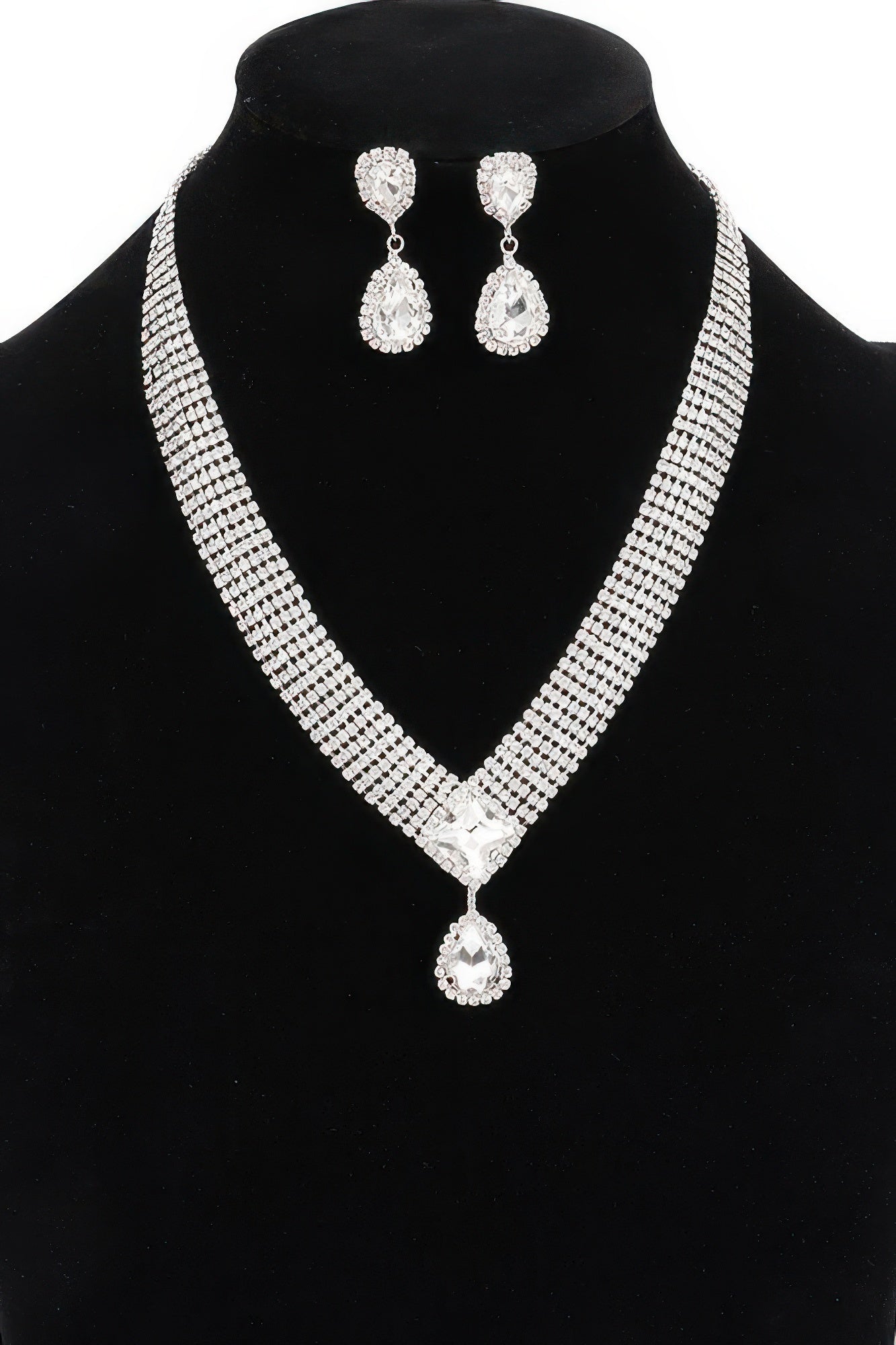 Golden Heir Aethelgard Gala Suite with 17-inch rhinestone necklace and earrings in sterling silver with clear and golden stones.