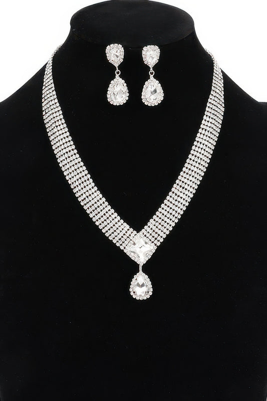 Golden Heir Aethelgard Gala Suite with 17-inch rhinestone necklace and earrings in sterling silver with clear and golden stones.