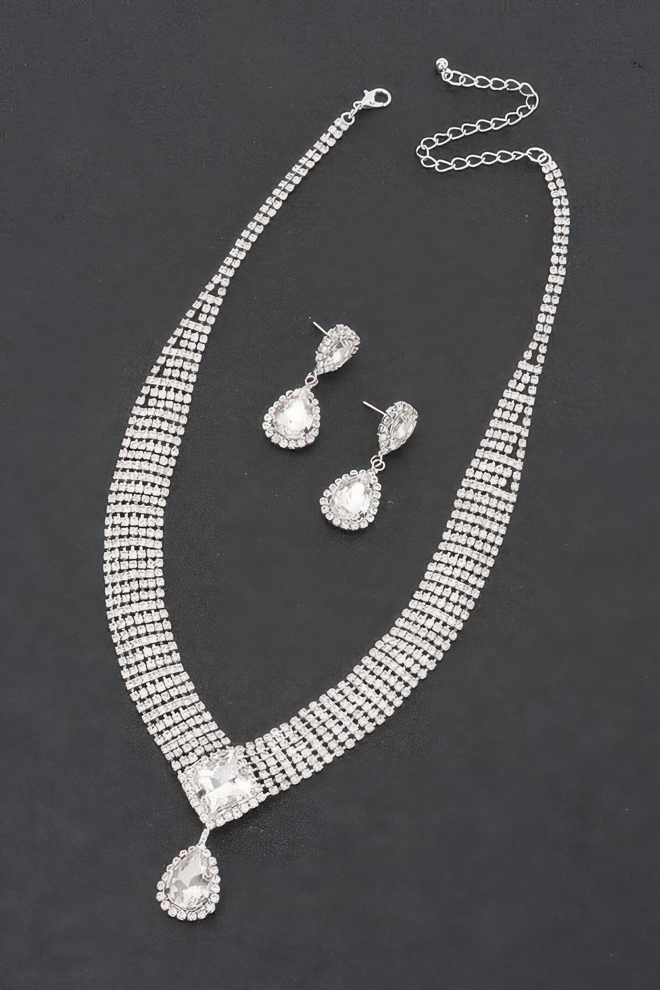 Golden Heir Aethelgard Gala Suite with 17-inch rhinestone necklace and earrings in sterling silver and clear golden stones.