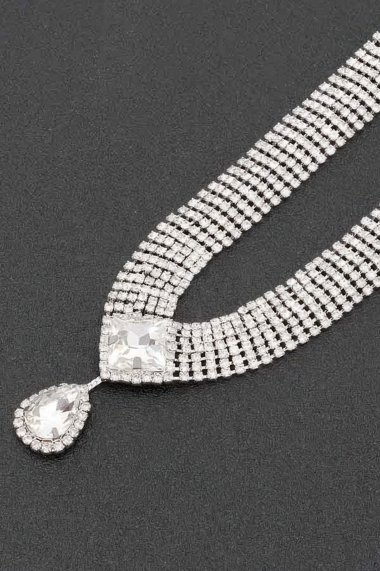 Golden Heir Aethelgard gala suite with 17-inch rhinestone necklace and earrings in clear and golden tones, sterling silver setting.