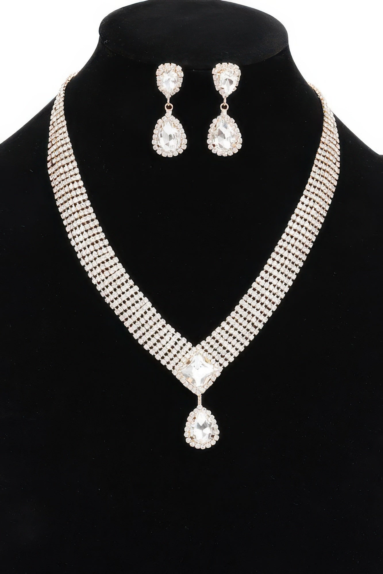 Golden Heir Aethelgard Gala Suite with 17-inch precision-cut rhinestone necklace and matching earrings in clear and gold tones.
