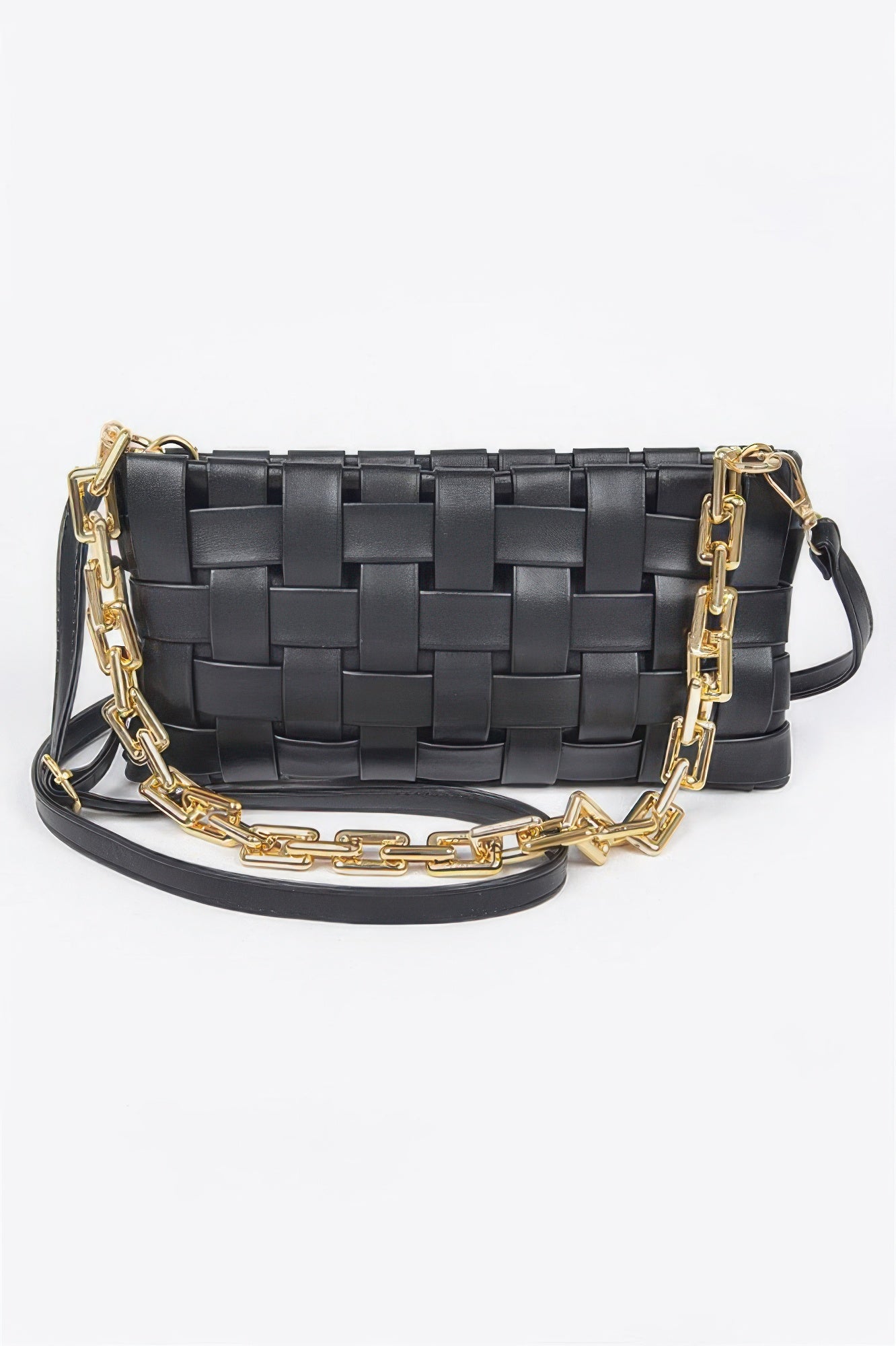 Golden Heir braided chain crossbody bag in black with gold accents, featuring a stylish woven strap and compact design.