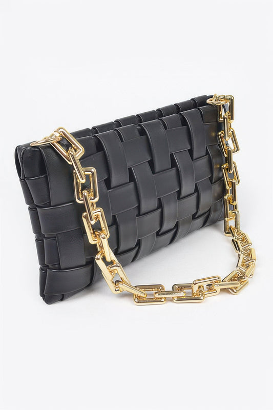 Golden Heir braided chain crossbody bag in black with gold accents, featuring a stylish woven strap and compact design.