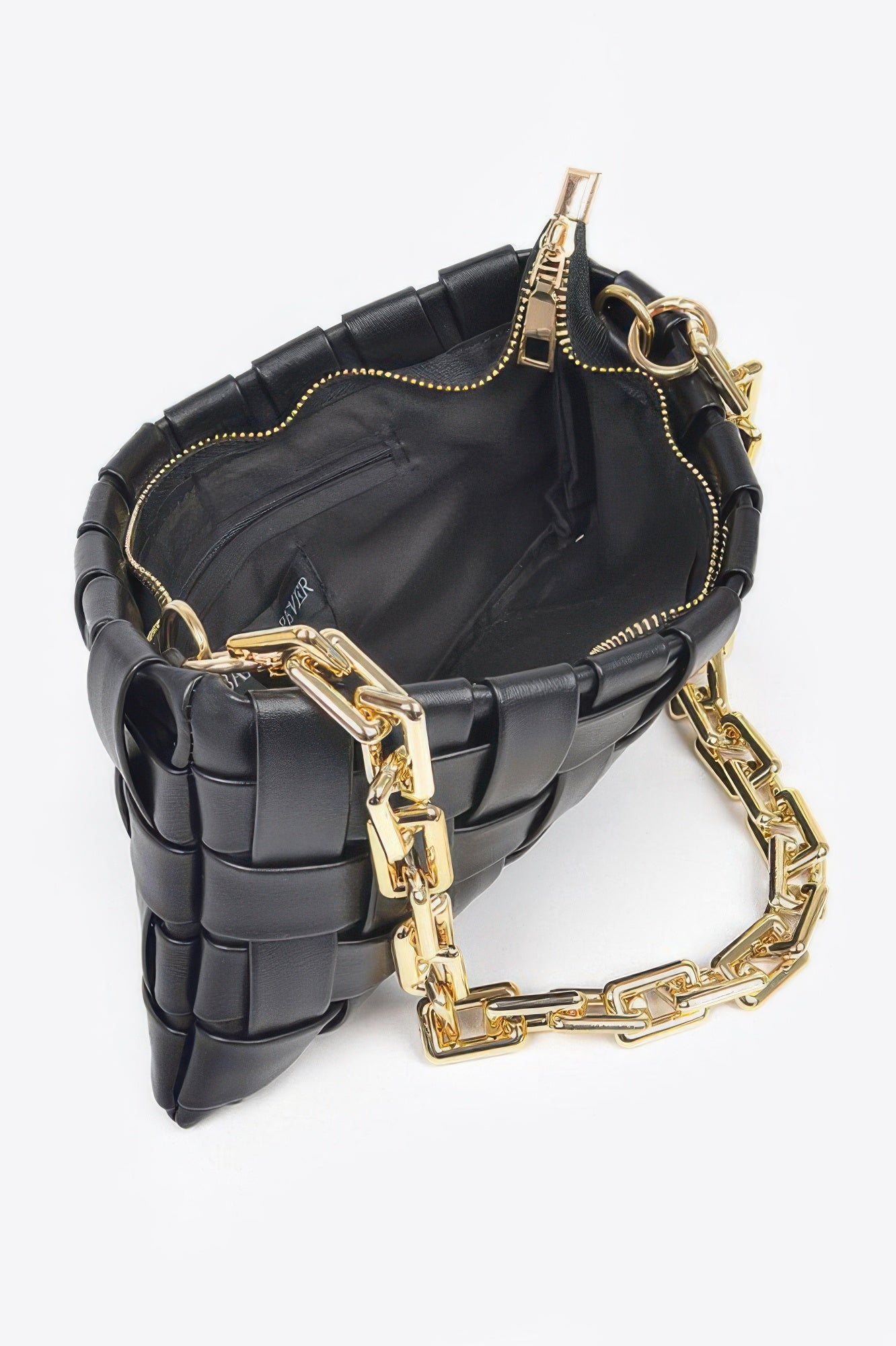 Golden Heir braided chain crossbody bag in black with gold accents, featuring a stylish design and adjustable strap.