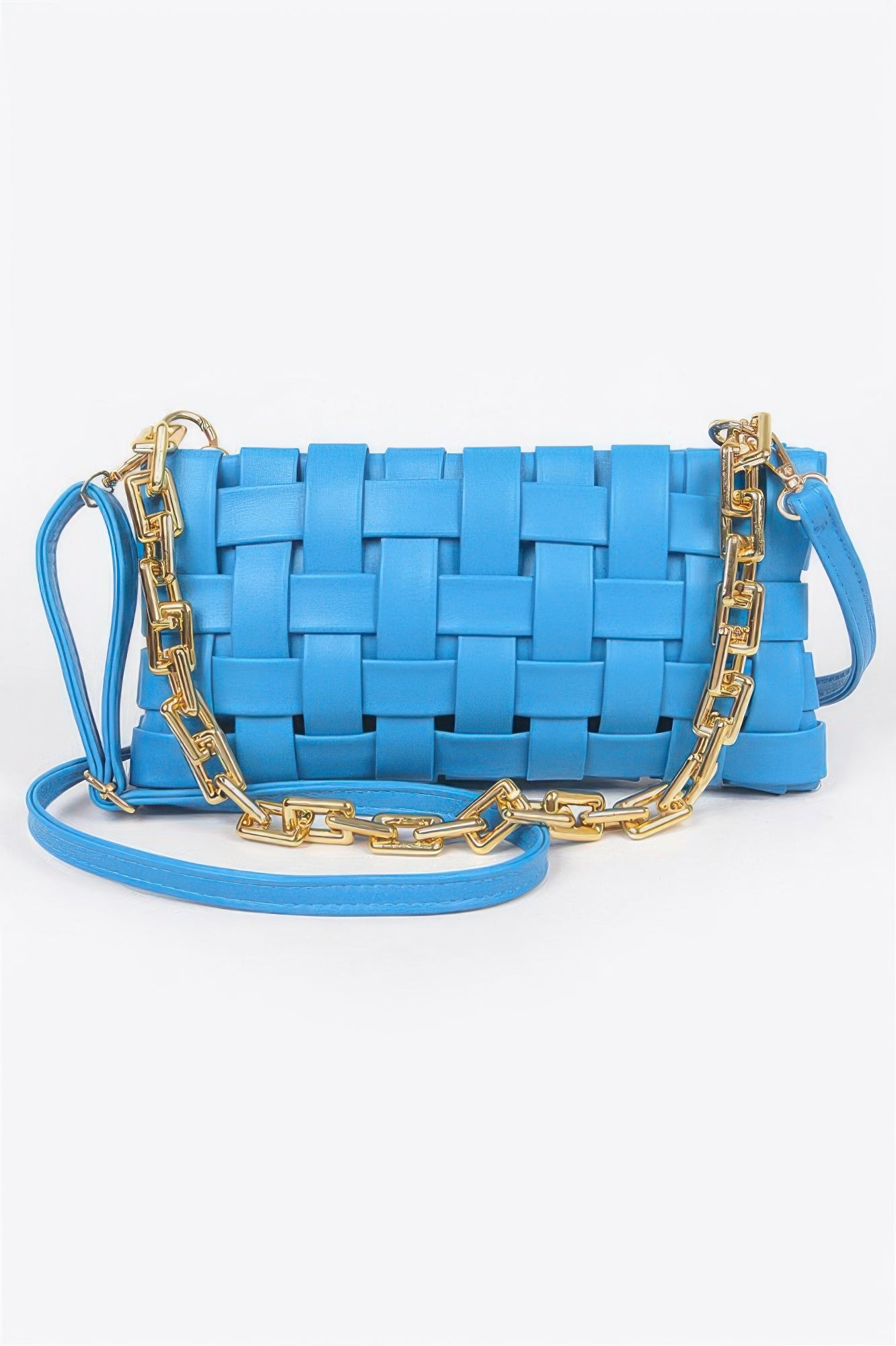 Black Golden Heir braided chain crossbody bag with gold-tone hardware and adjustable strap, stylish for everyday use.